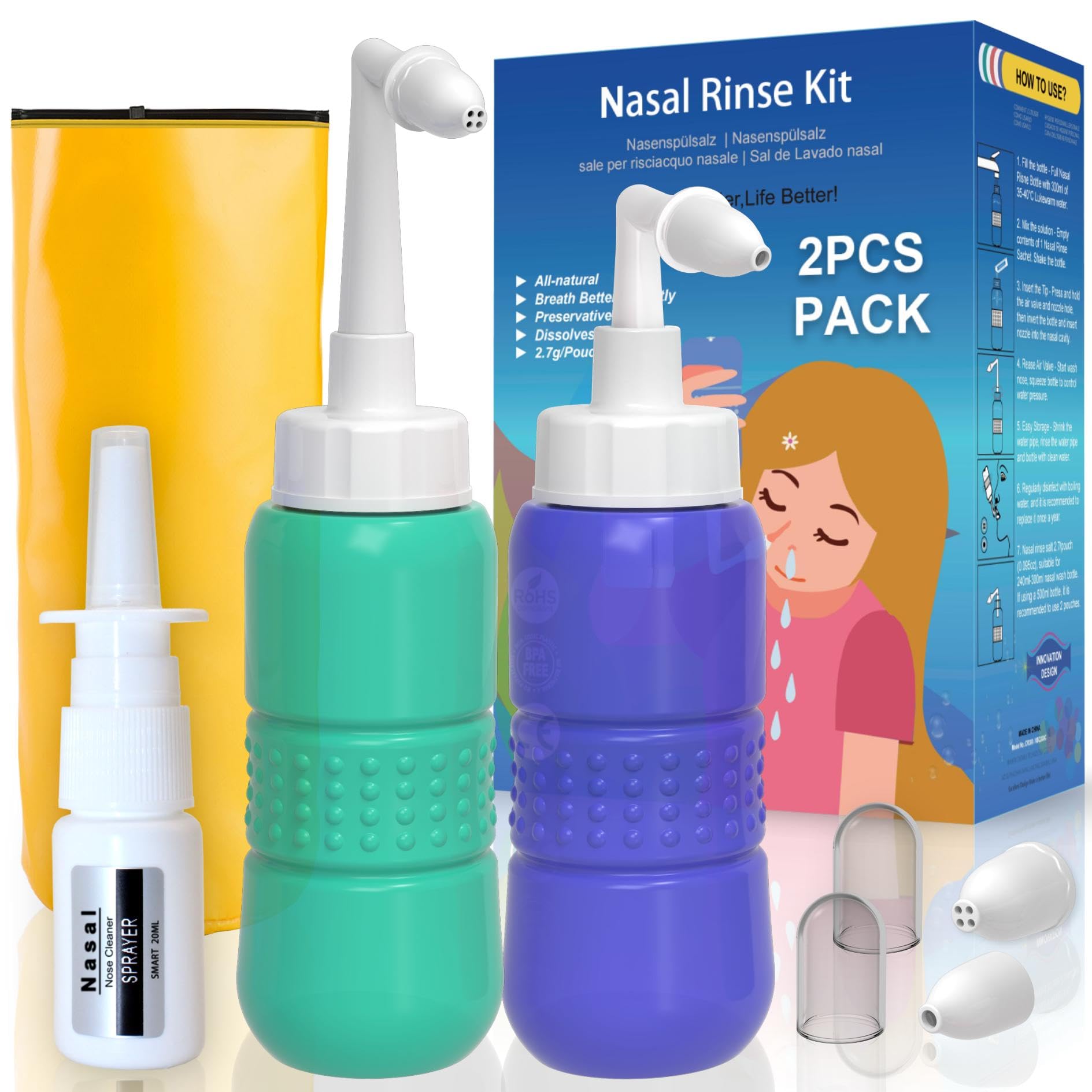 TONELIFE Bouteille rinçage nez duo bleu, flux précis et confortable.
