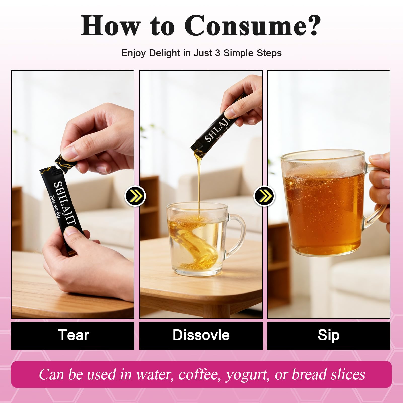 Stick TongueClash miel Shilajit dans une boisson chaude pour enrichir le goût