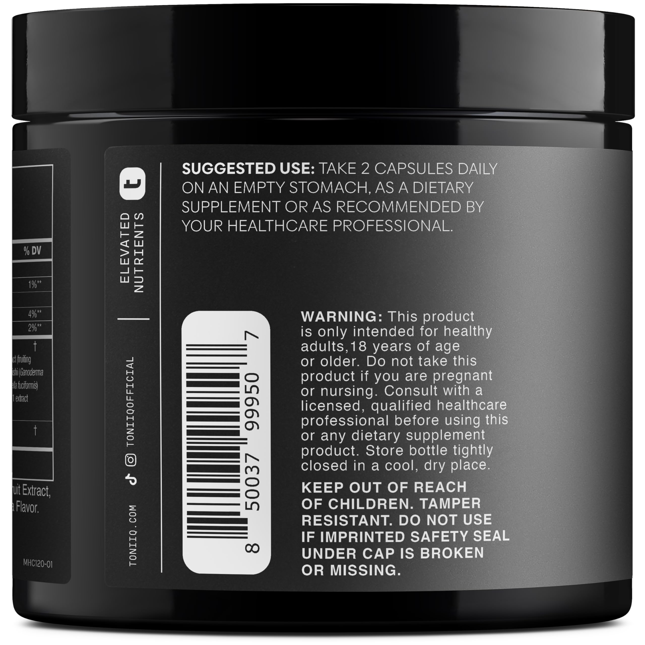 Toniiq NAC emballage et étiquette clairs avec informations de pureté.