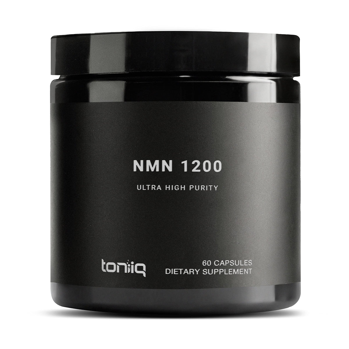 Toniiq NMN 1200 mg — Bouteille noire et capsules faciles à prendre