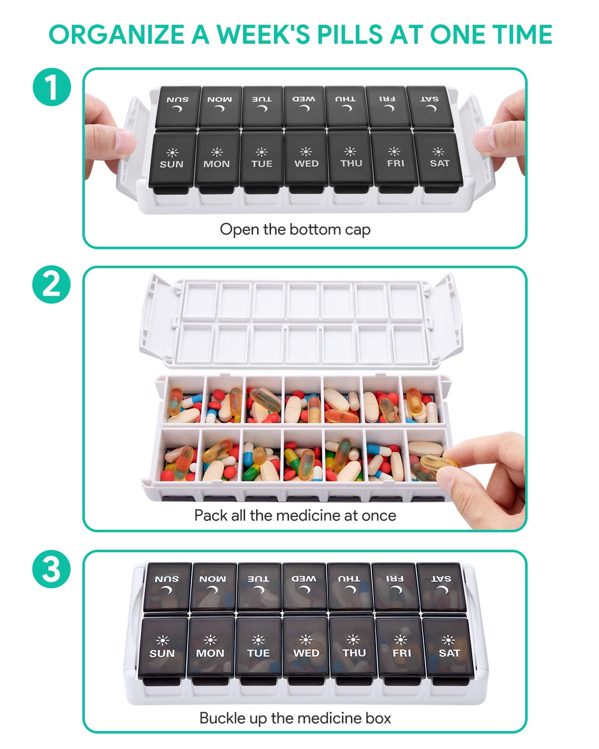 TookMag, grande capacité par compartiment pour huiles, vitamines et compléments.
