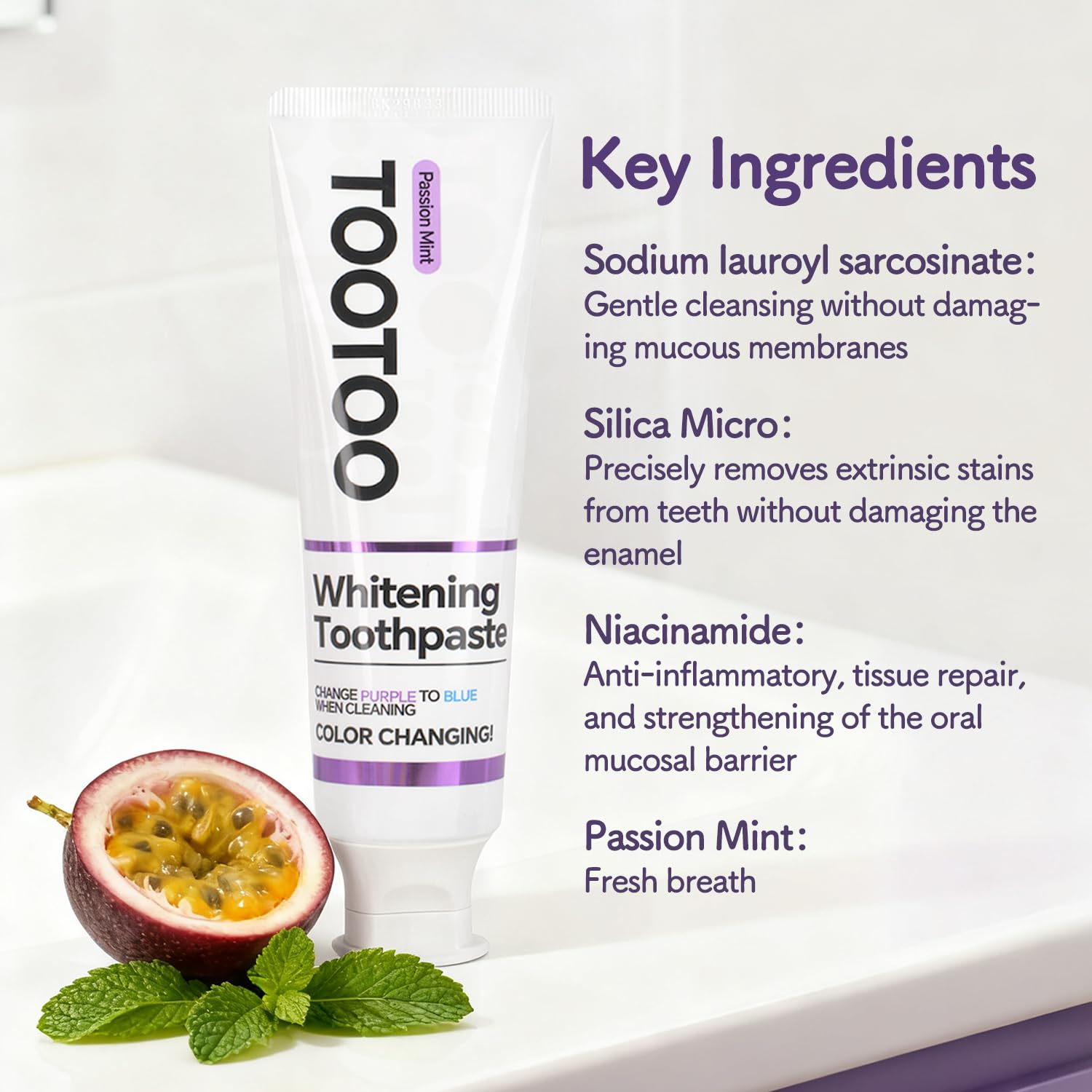 TooToo Dentifrice Sensitive Passion Mint parfum frais après brossage.