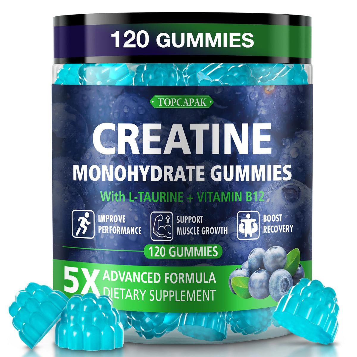 Topcapak Créatine Gélifiés saveur Myrtille: goût gourmand pour soutenir vos séances.