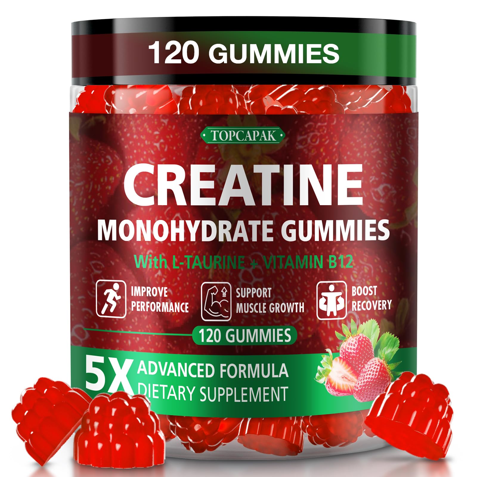 TOPCAPAK Gummies Créatine fraise en flacon pratique à emporter.