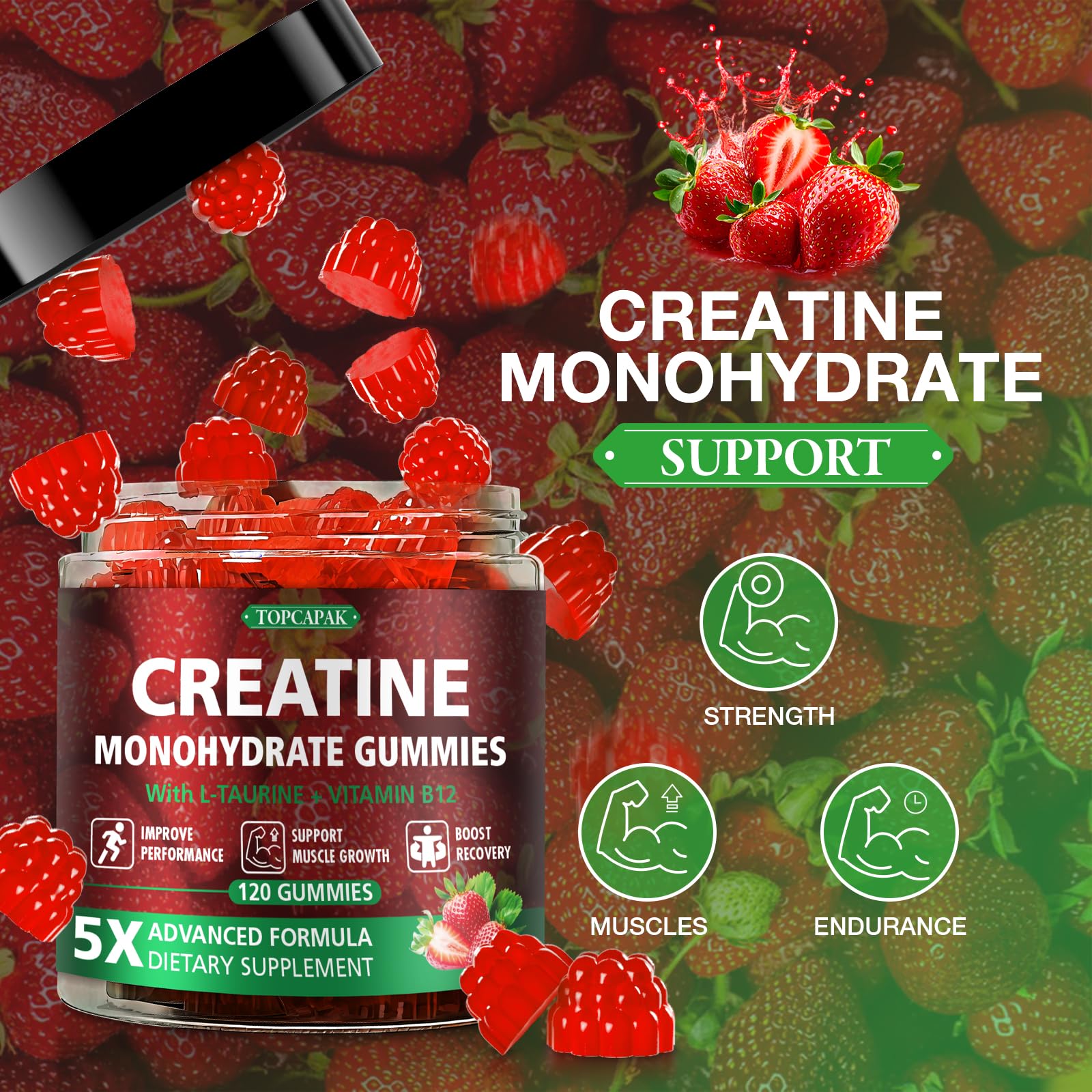 Gommes TOPCAPAK créatine ronde en forme de framboise.