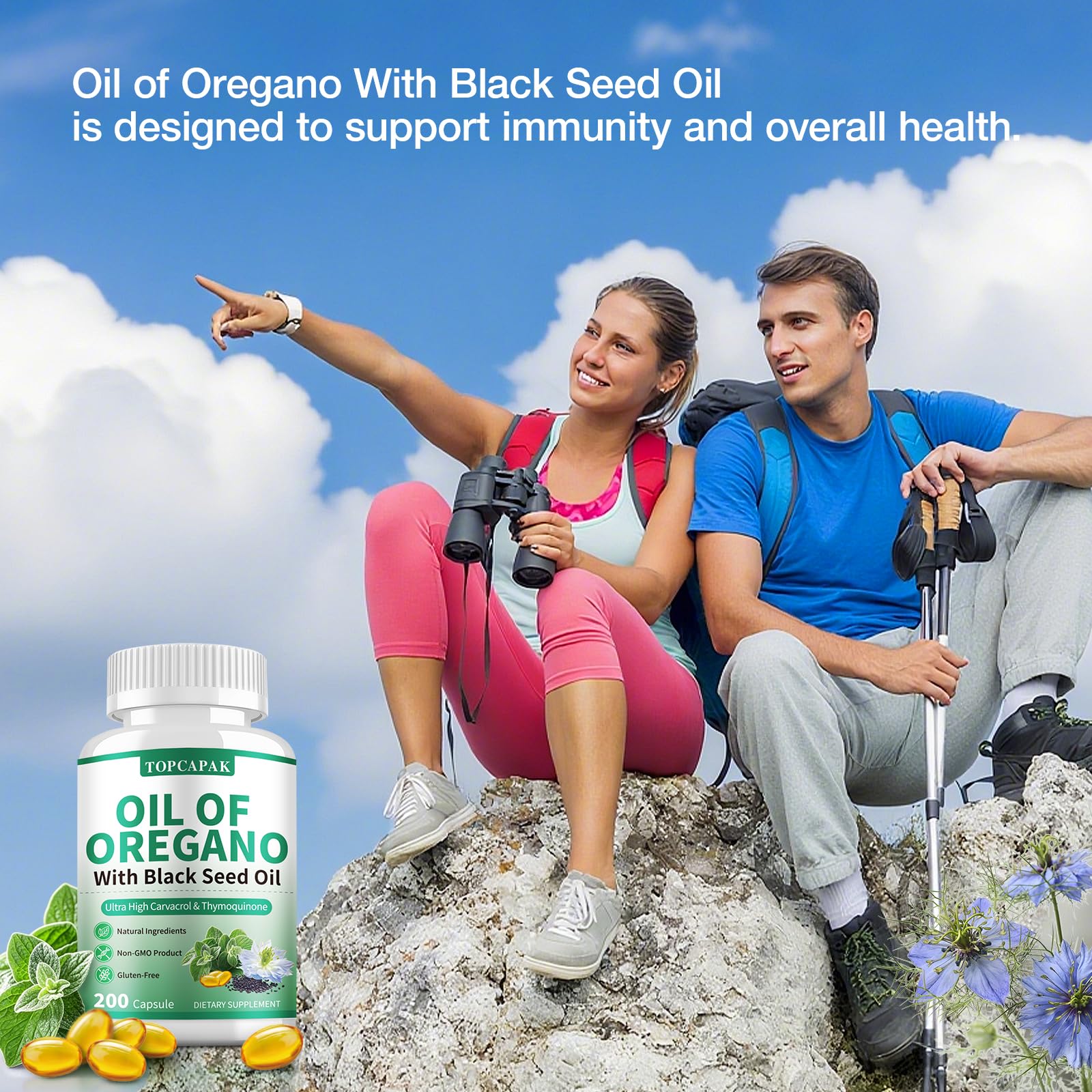 TOPCAPAK huile d'origan-nigelle, carvacrol et thymoquinone naturels mis en avant.