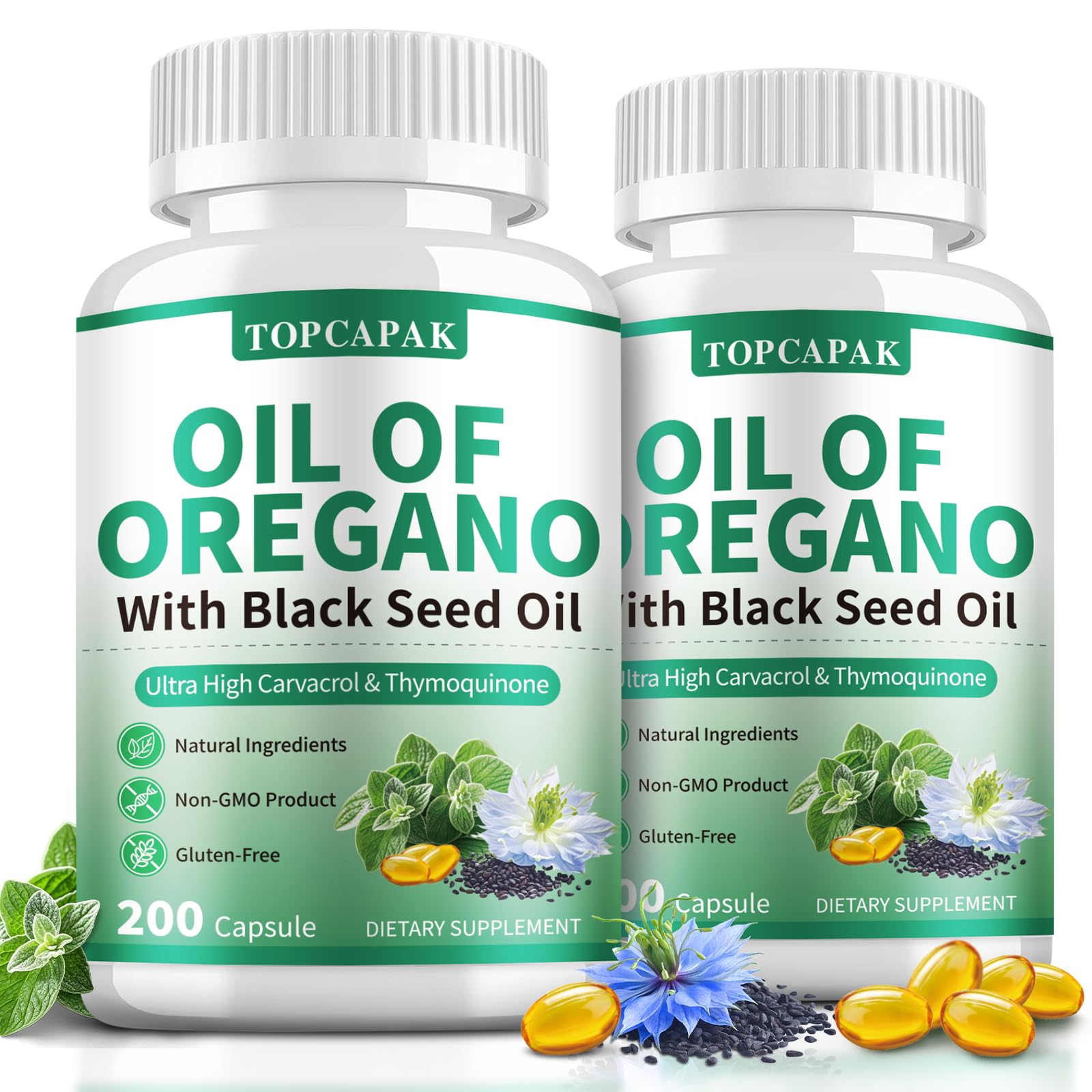 TOPCAPAK huile d'origan-nigelle softgels, emballage pratique pour l’usage quotidien.
