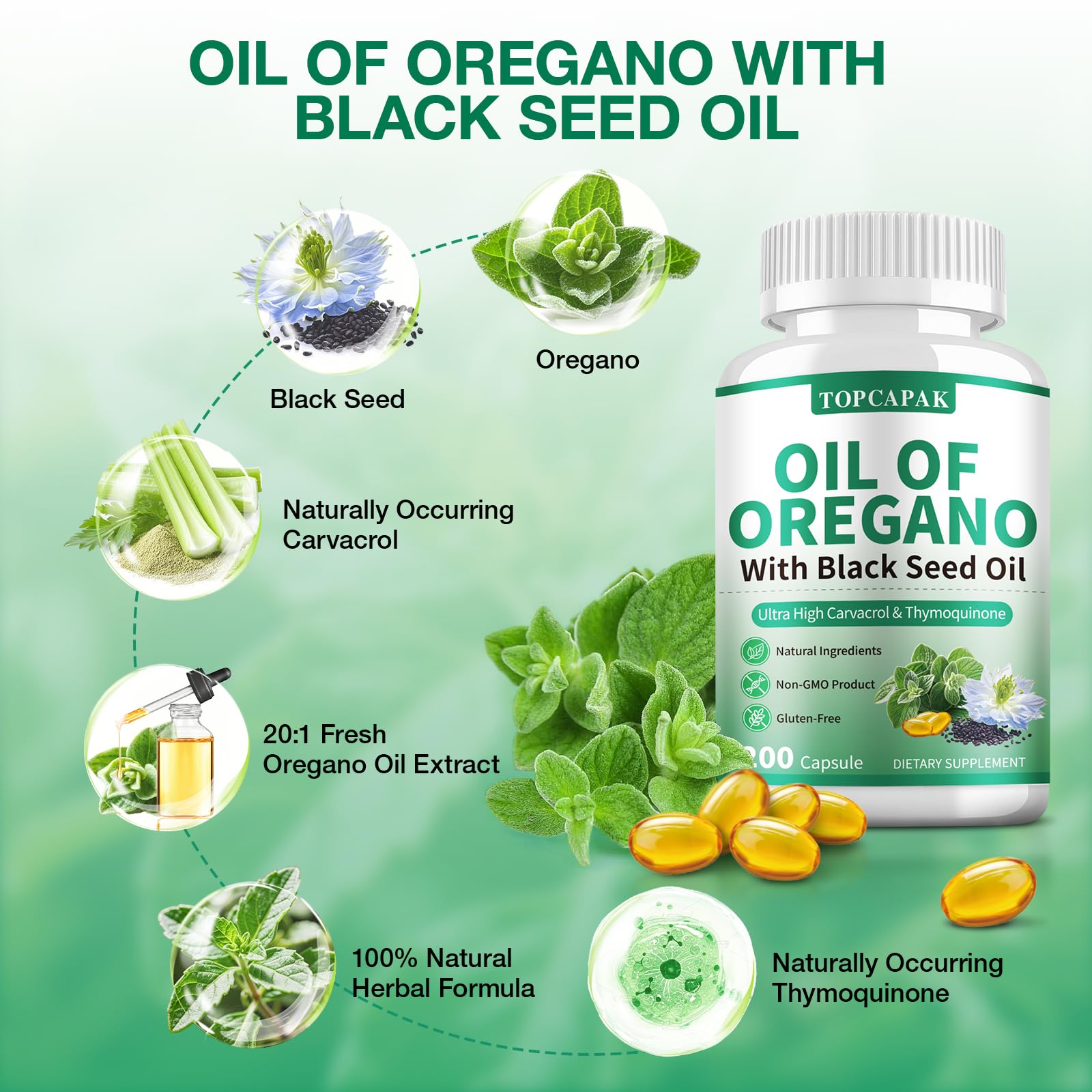 TOPCAPAK huile d'origan-nigelle, format 400 softgels pour un long accompagnement.
