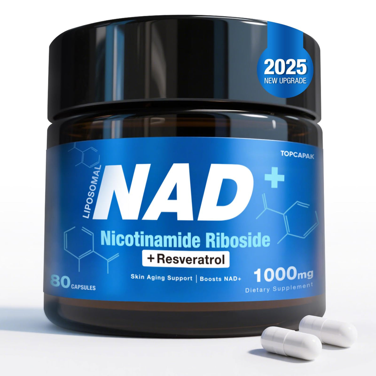 TOPCAPAK NAD+ : bouteille du complément pour énergie cellulaire et vitalité.