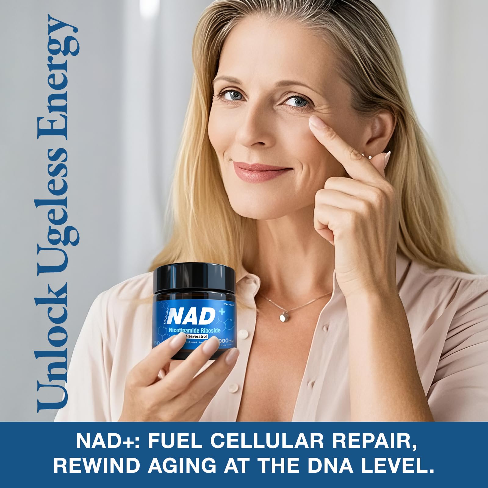 TOPCAPAK NAD+ : emballage mettant en avant le Resveratrol et le NR.