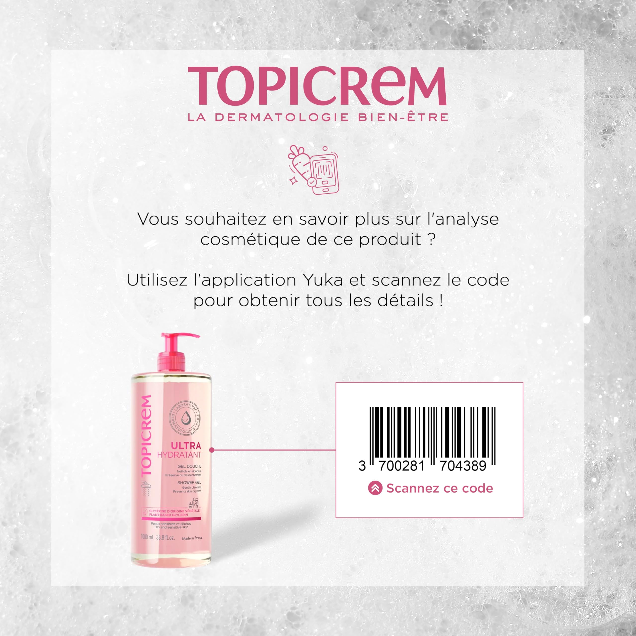 Topicrem Ultra-Hydratant Gel Douche pour peaux sensibles, aidant à prévenir le dessèchement.