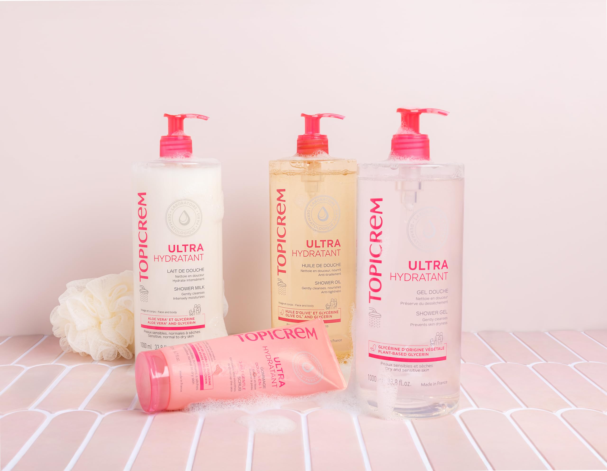 Topicrem Ultra-Hydratant Gel Douche convient au corps et aux cheveux, usage quotidien.