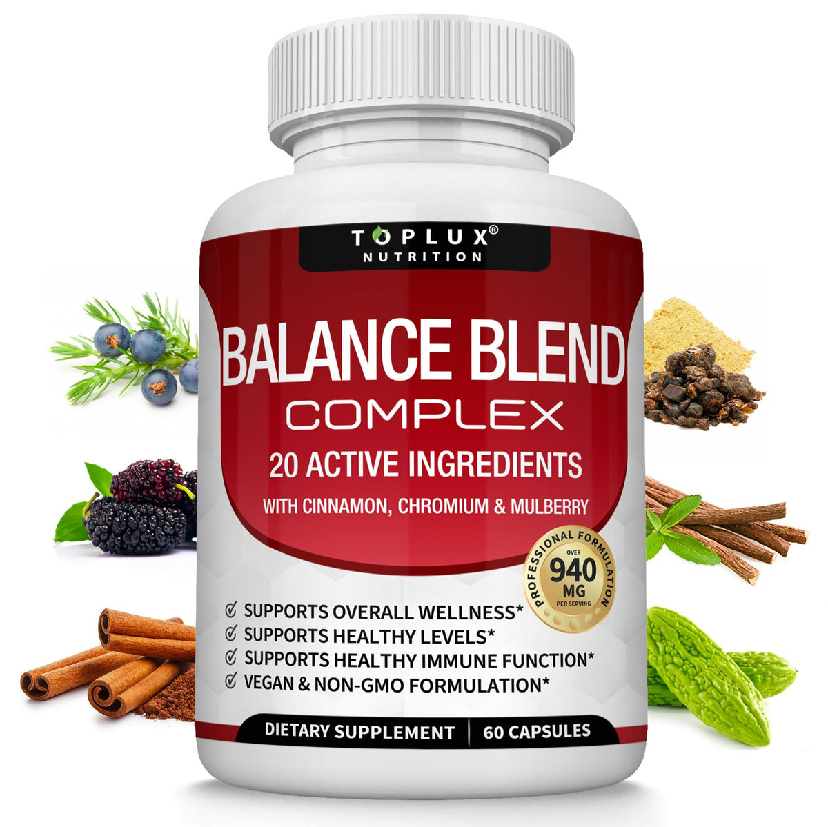 Toplux Balance Premium bouteille montrant le format pratique et naturel pour l'équilibre quotidien potentiel.