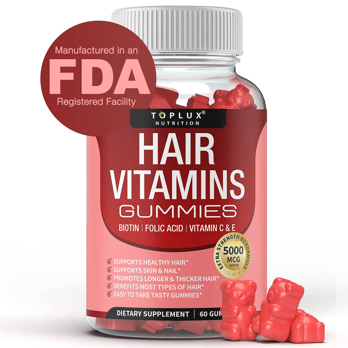 Gommes capillaires Toplux dans une bouteille, pour cheveux plus forts.