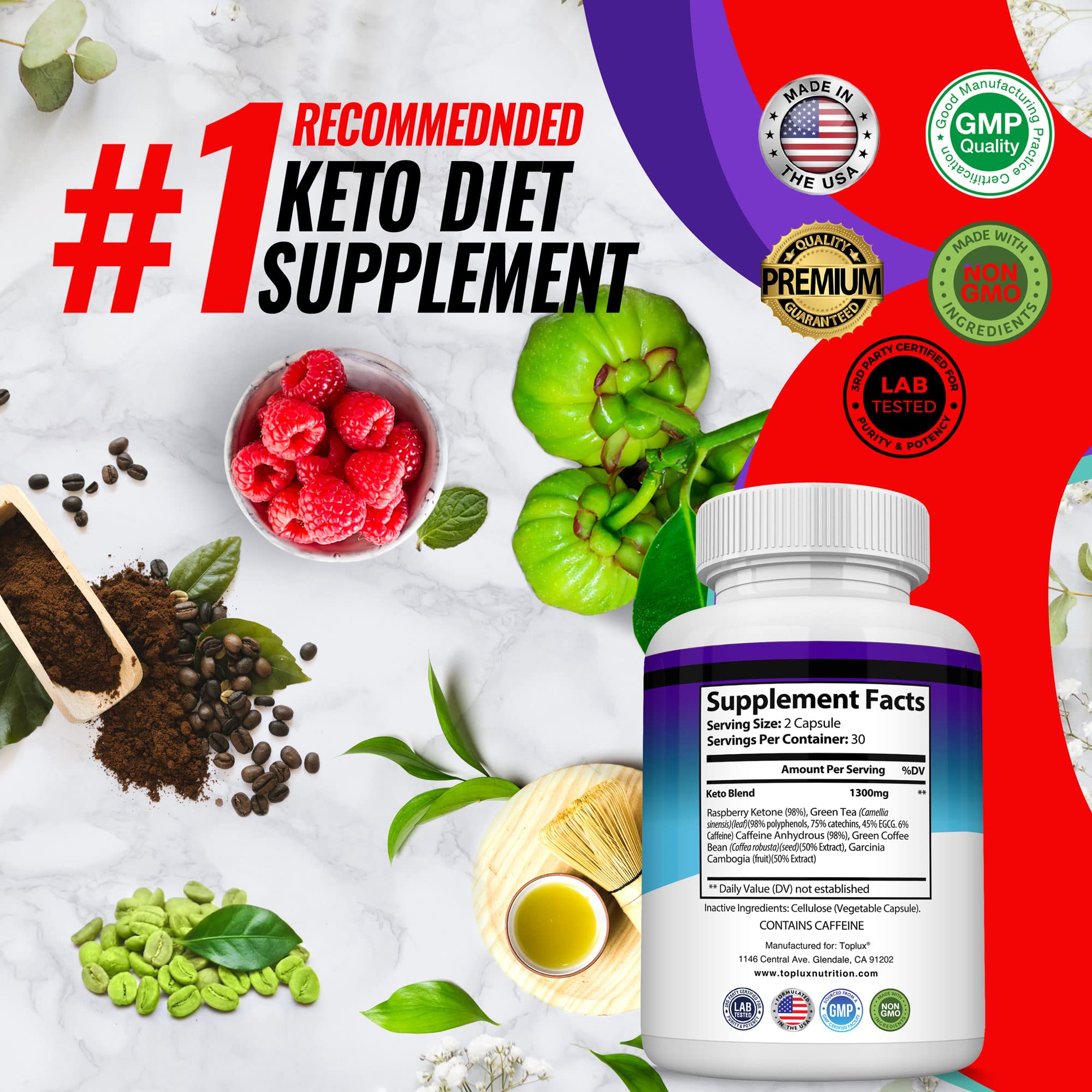Toplux Keto Boost: tableau d'ingrédients mettant en avant Raspberry Ketones et thé vert.