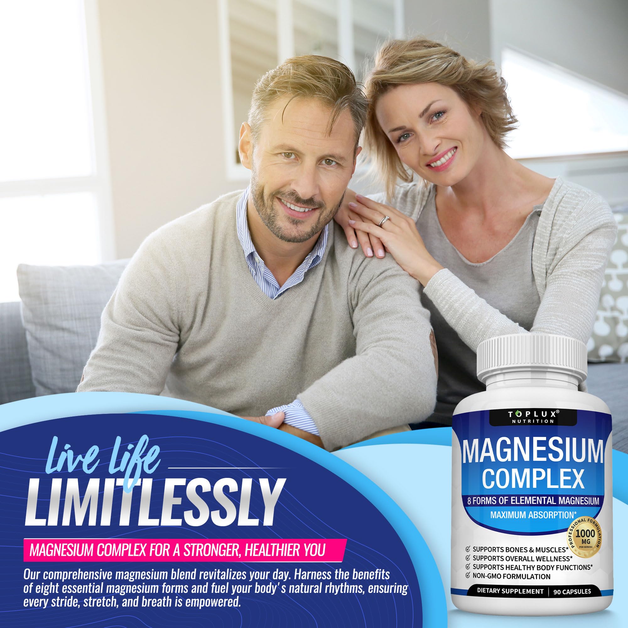Toplux Magnesium Complex – emballage-boîte, produit végan et sans OGM.