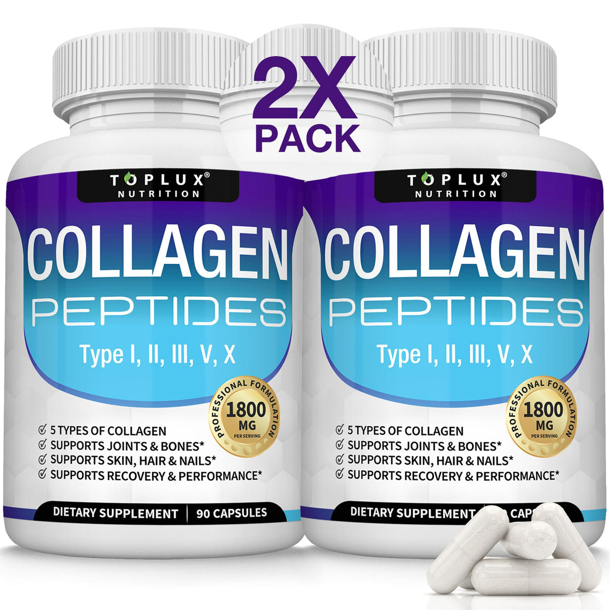 Toplux Multi Collagen Peptides dans le flacon pour peau éclatante et cheveux forts.