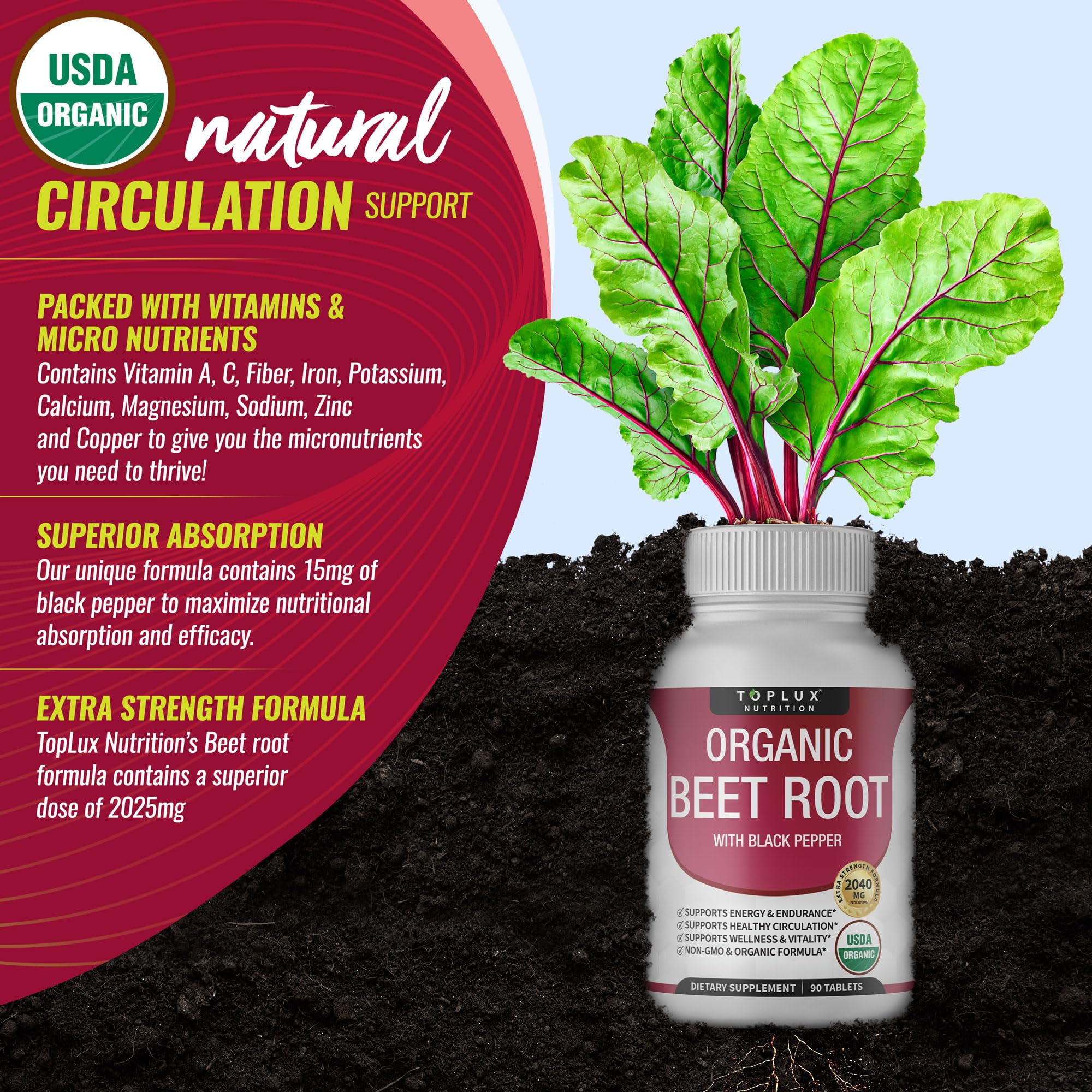Toplux nitrates naturels dans les comprimés de betterave, visuel informatif