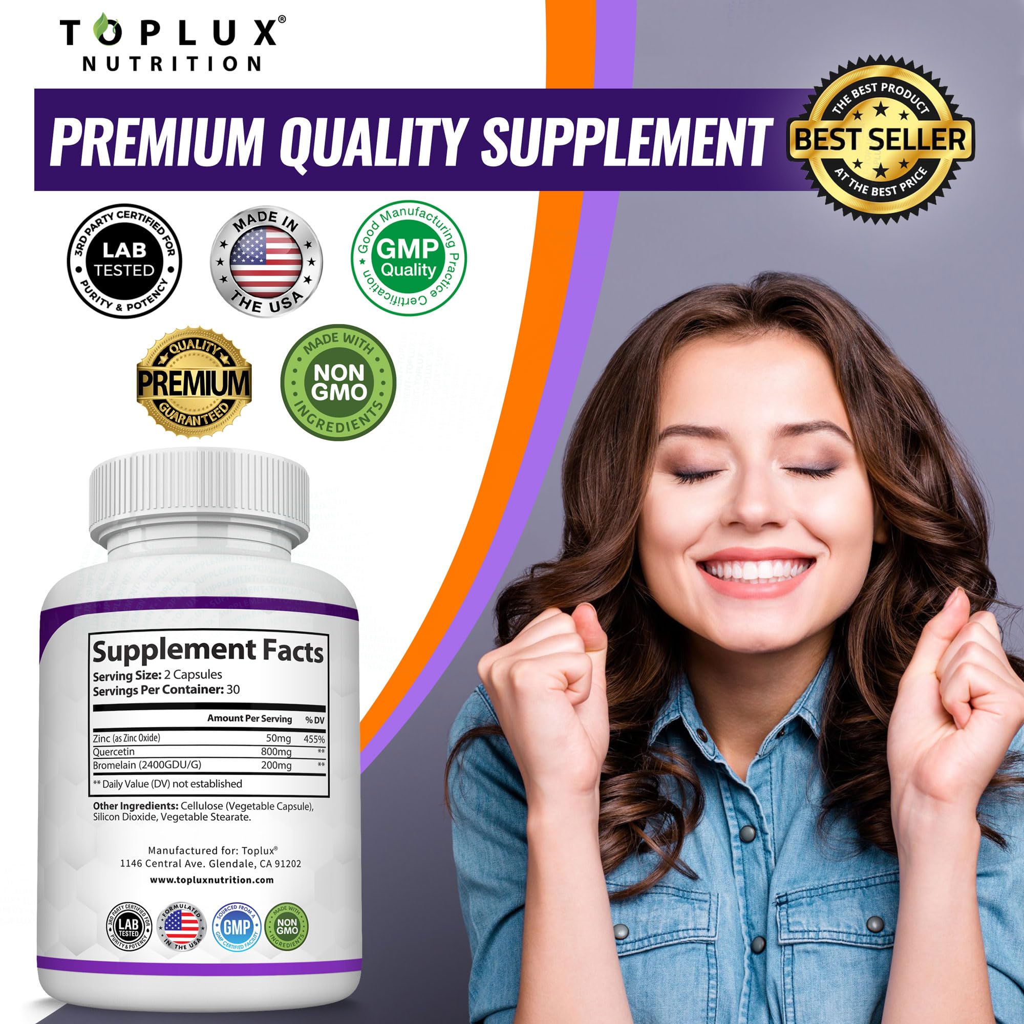 Toplux Quercétine – composition: quercétine, bromélaïne et zinc pour un soutien antioxydant