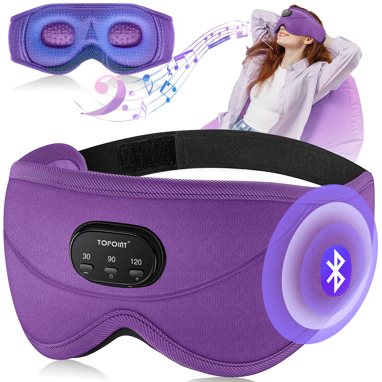 TOPOINT masque-sommeil avec écouteurs Bluetooth, idéal pour s'endormir en voyage.
