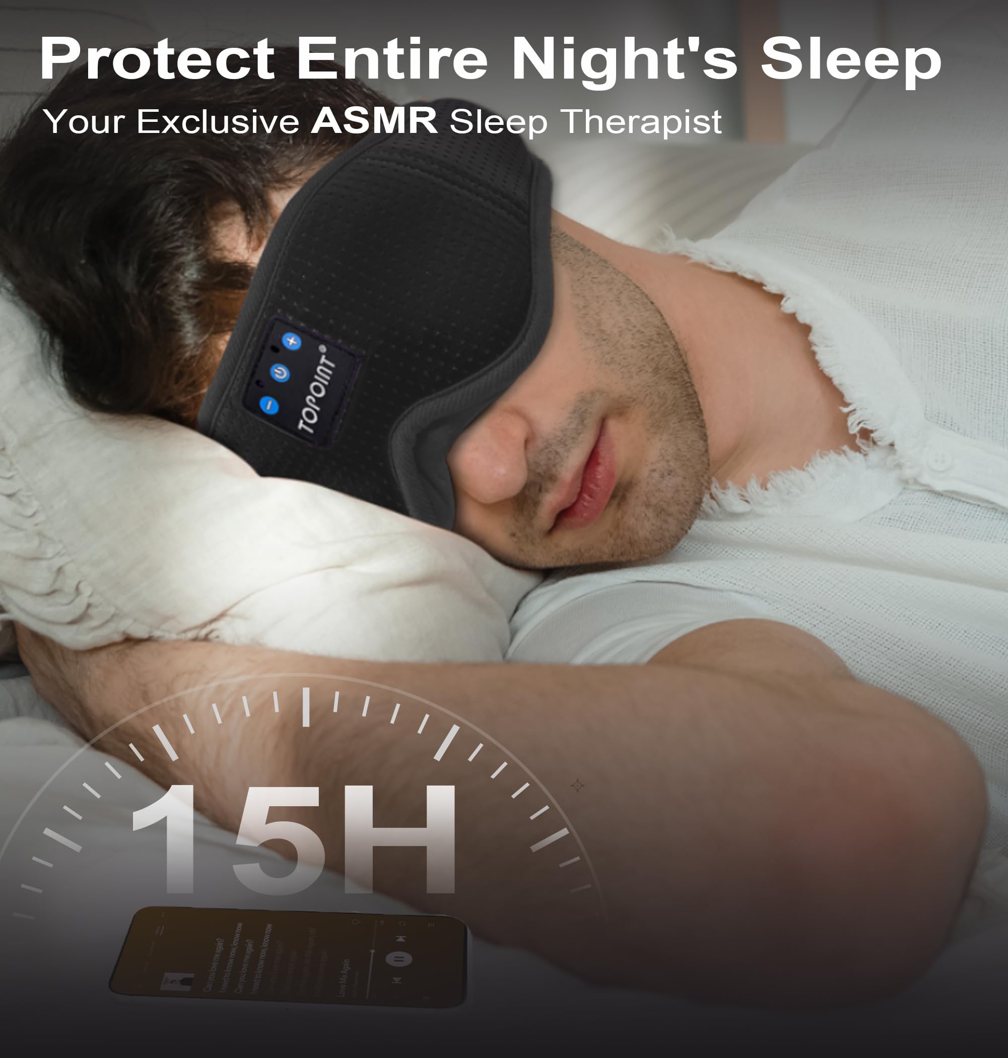 TOPOINT masque-sommeil confort avec bande élastique ajustable pour toutes têtes.