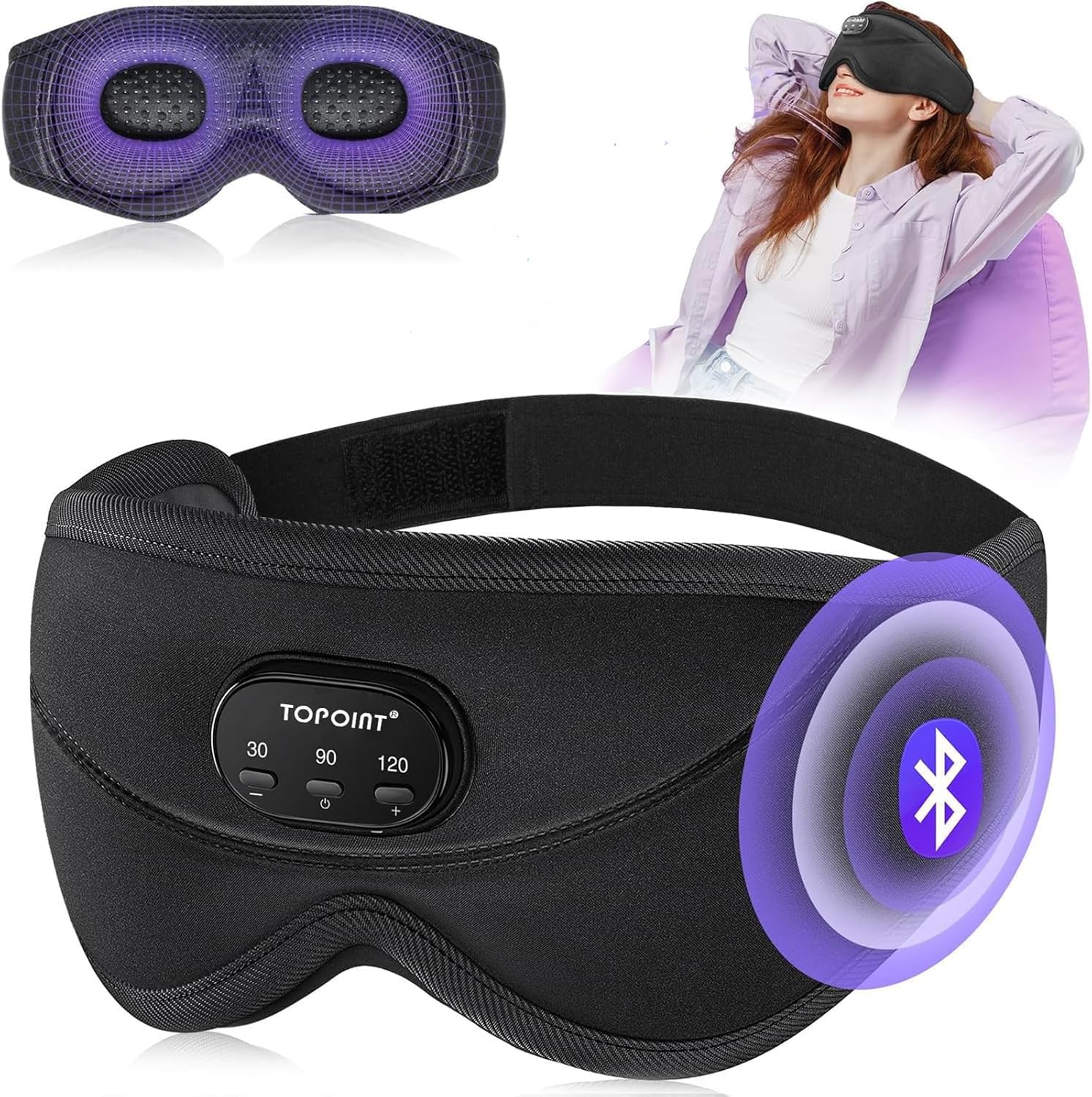TOPOINT masque sommeil avec écouteurs Bluetooth pour sommeil paisible et sans nuisance lumineuse