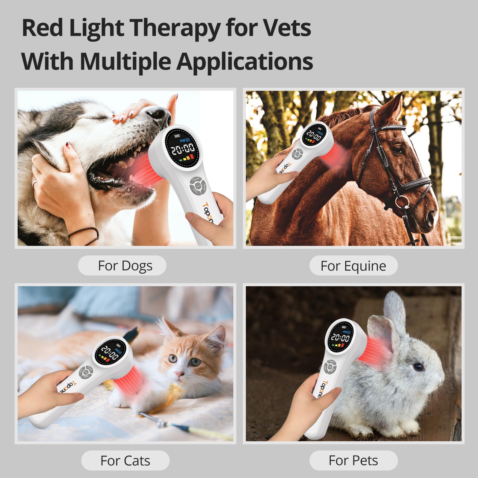 Toponechoice thérapie lumière rouge adaptée pour chiens et animaux, séance douce et pratique.