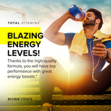 TOTAL VITAMINS Booster Testosterone : étiquette sur bouteille avec indications claires pour la routine sportive.