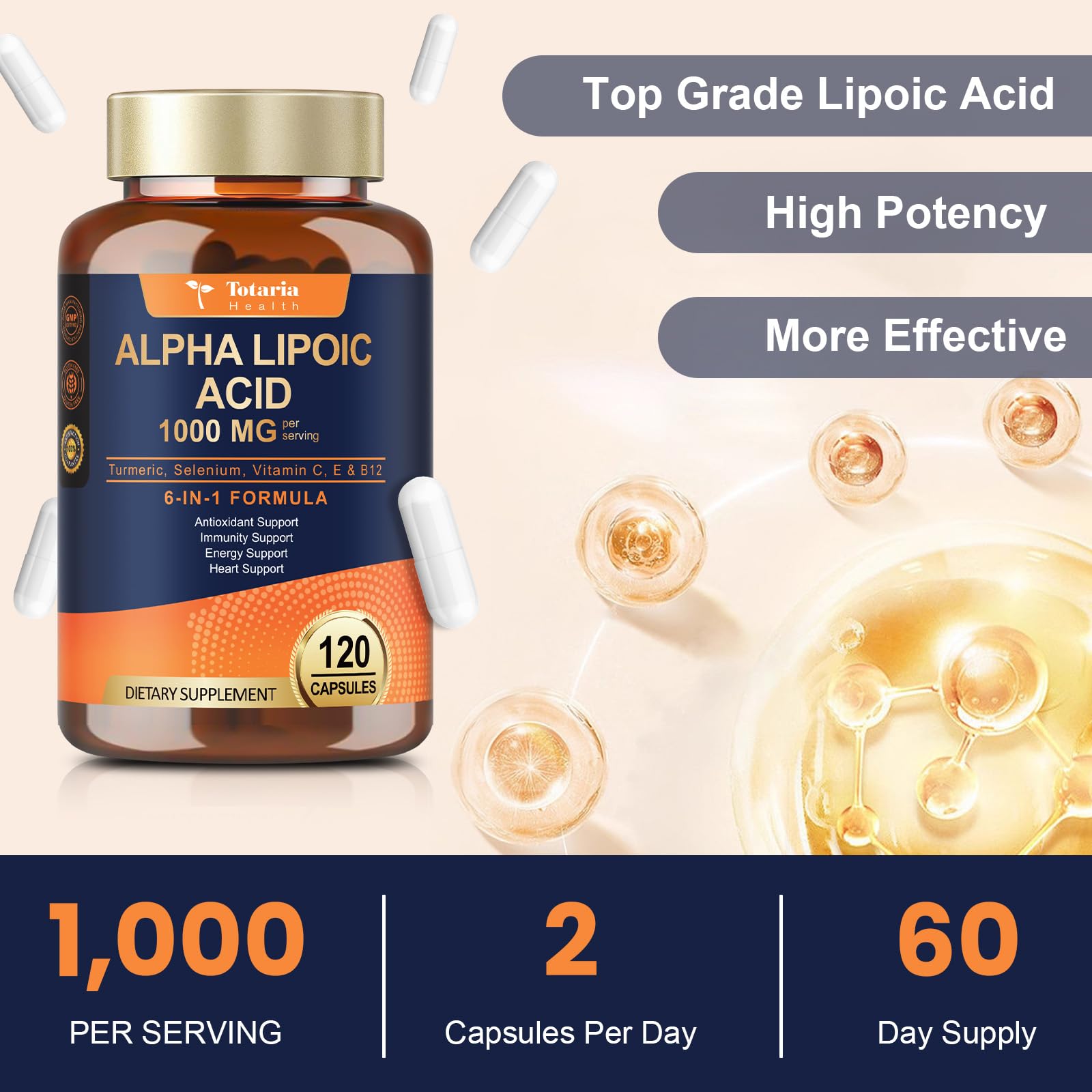 Totaria Acide Alpha-Lipoïque 1000mg bénéfices-antioxydants: soutien général pour la vitalité.