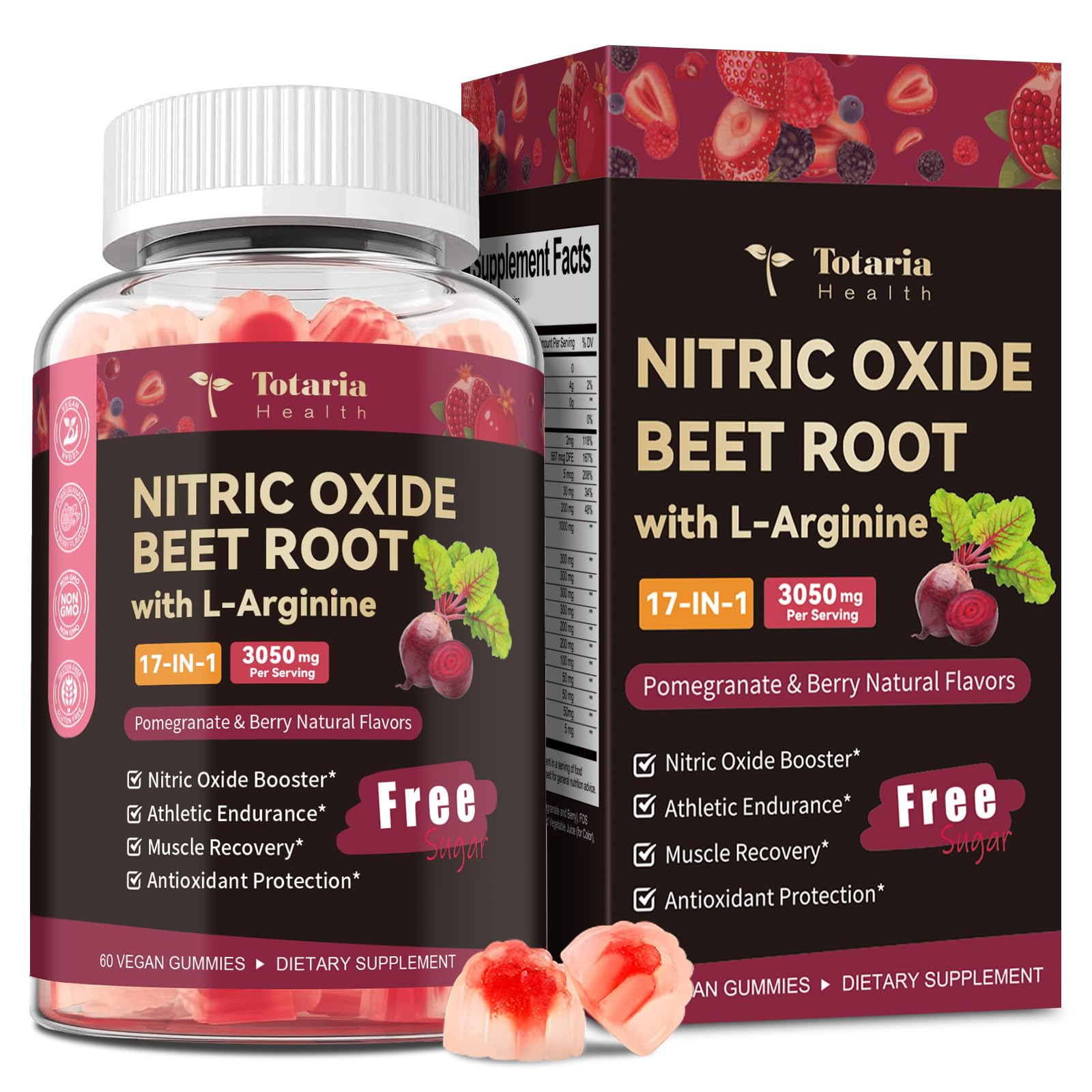Totaria Beetroot Nitric Oxide Gummies en bouteille, soutien circulation et énergie