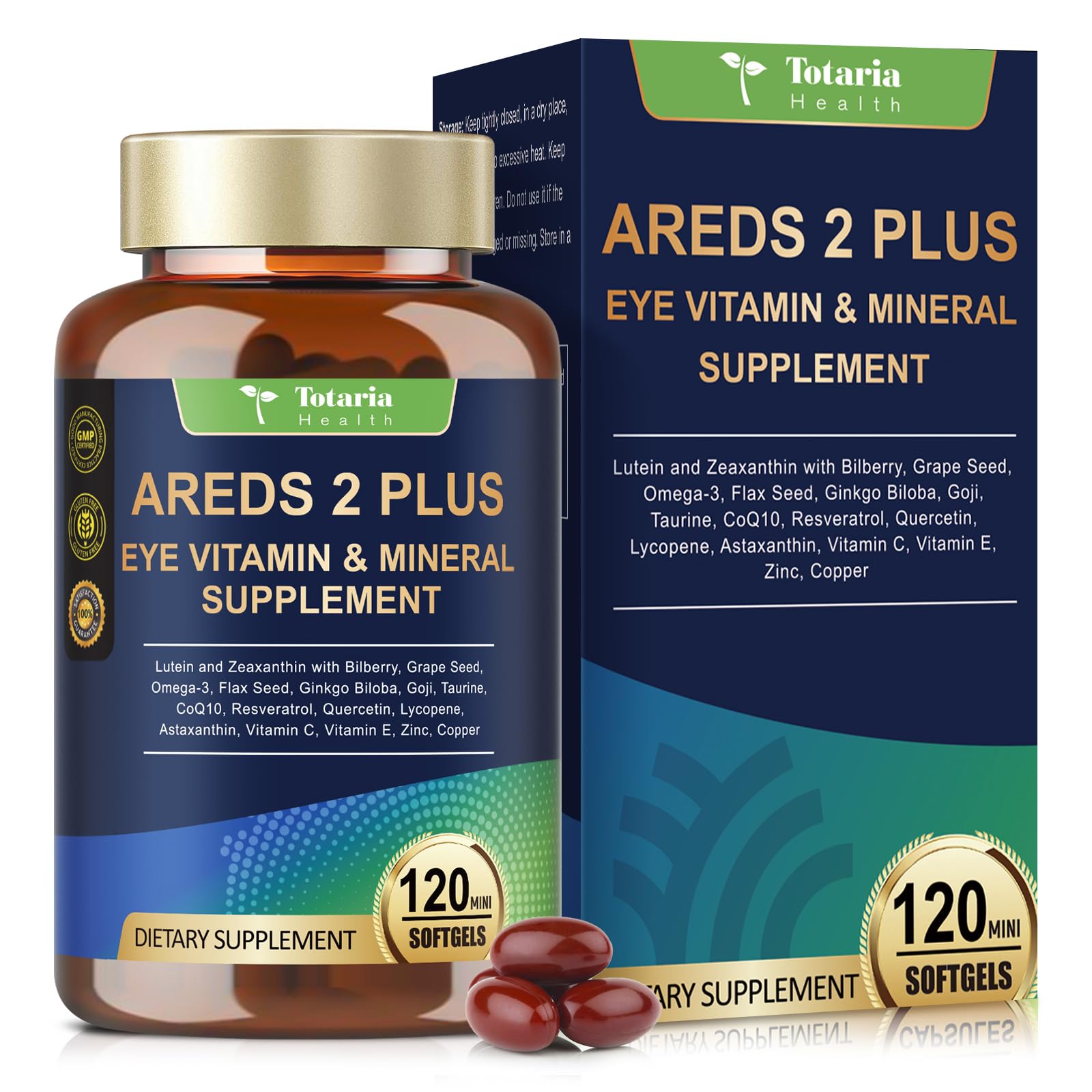 Totaria AREDS 2, bouteille visible, soutien potentiel de la santé maculaire.