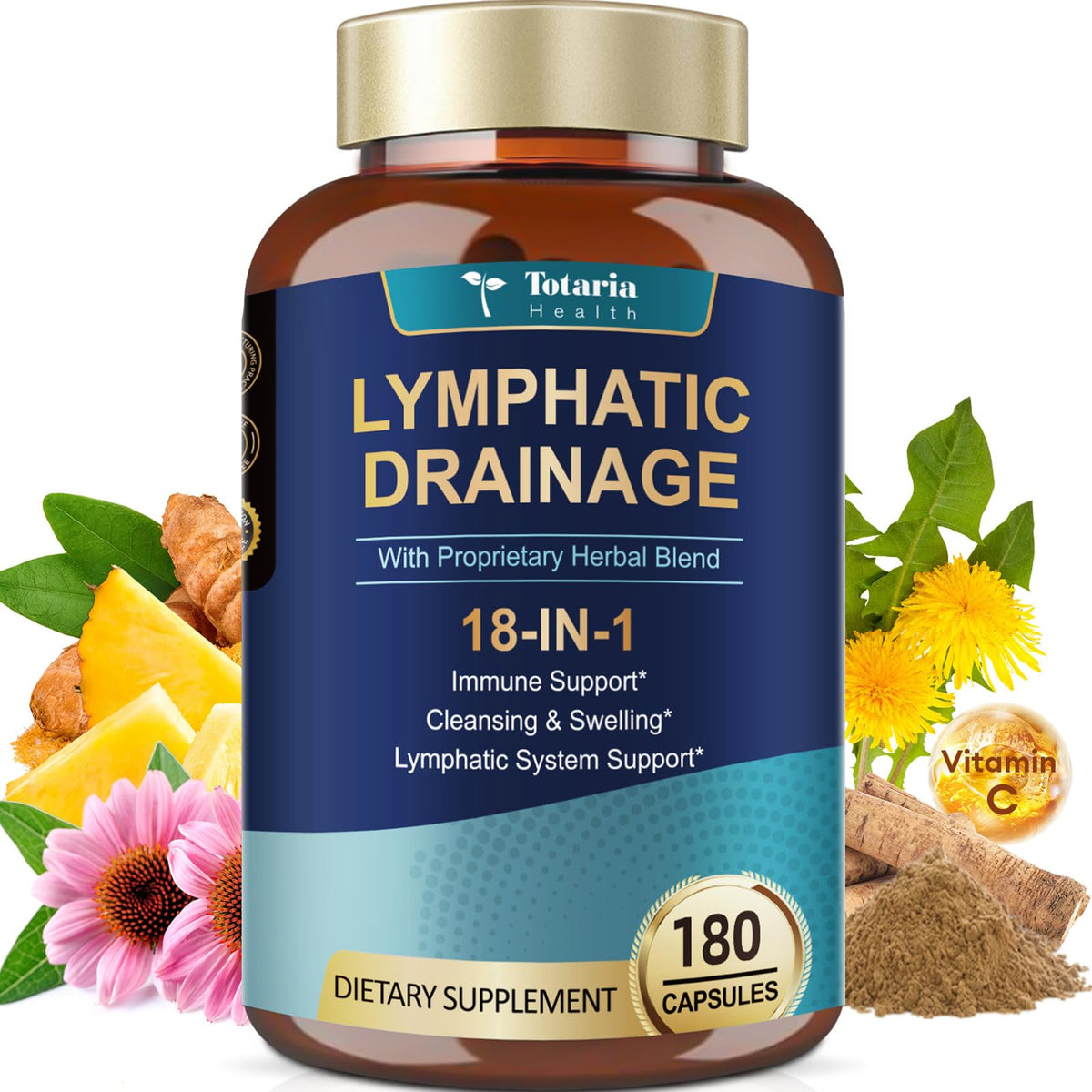Totaria Drainage lymphatique : bouteille montrant 180 comprimés et le soutien potentiel.