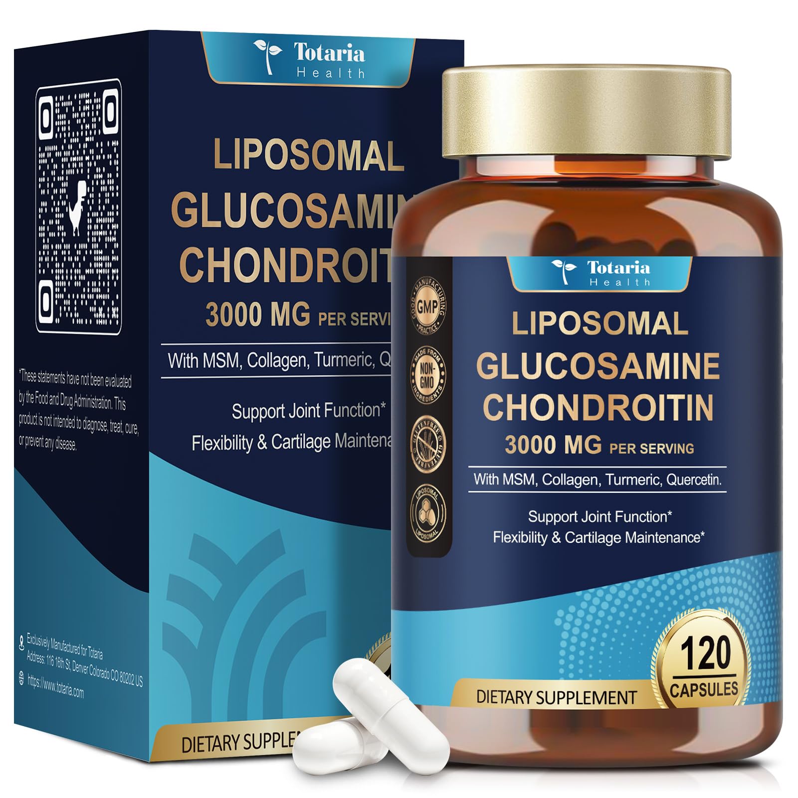 Totaria bouteille glucosamine-chondroitine-msm-collagene, soutien potentiel des articulations.