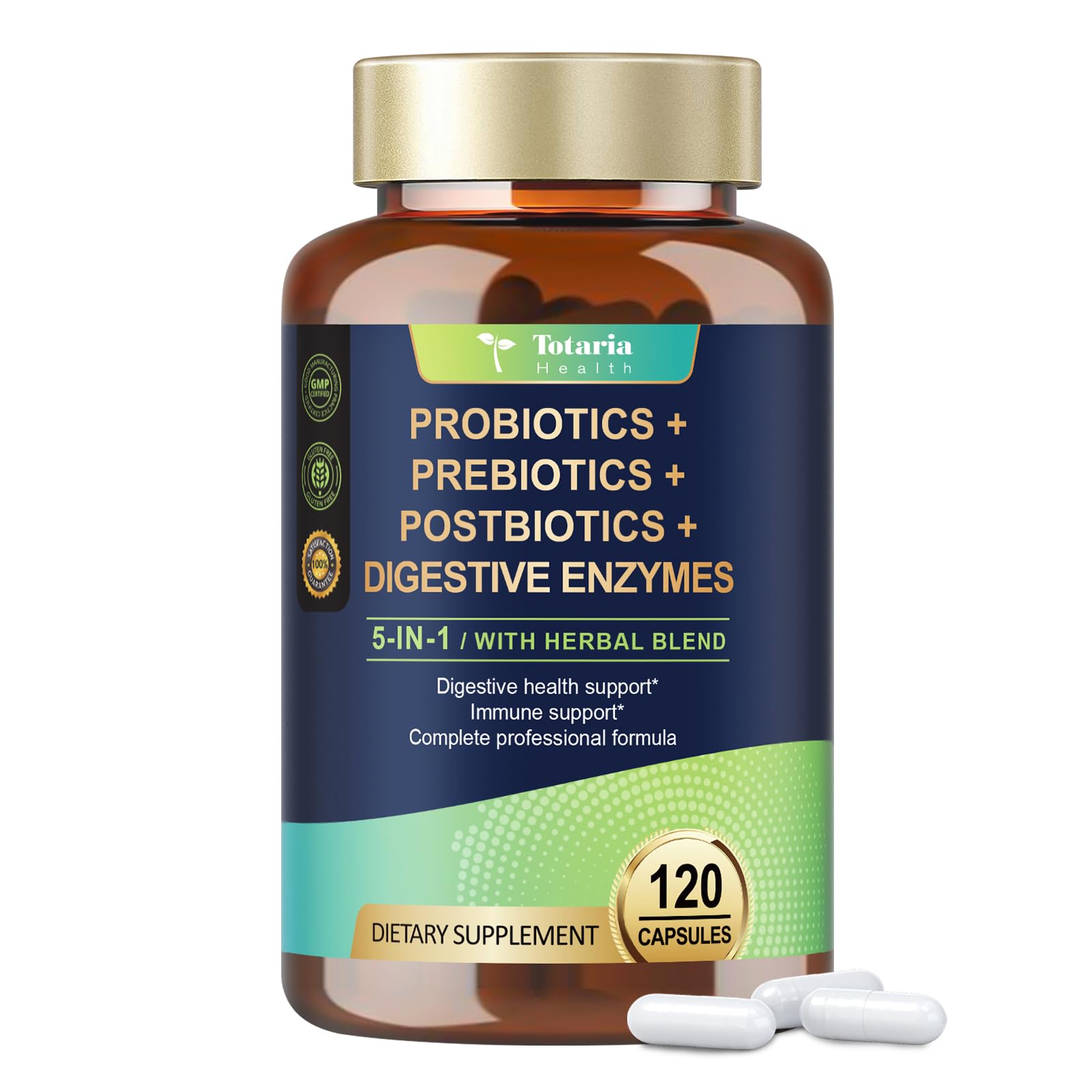 Totaria - bouteille de probiotiques 5-en-1, soutien digestif quotidien.