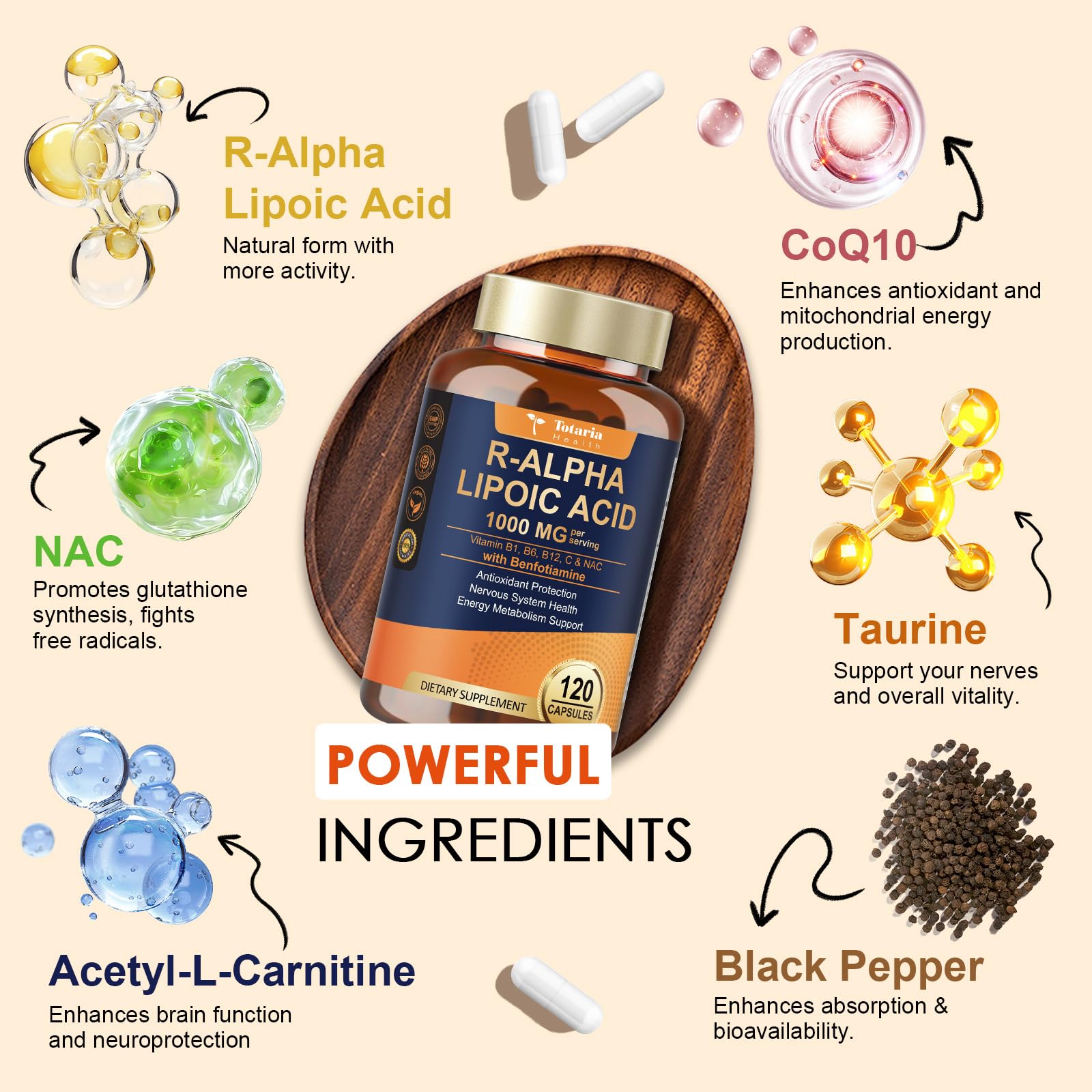 Totaria gélules R-ALA, faciles à avaler, concentré 600 mg.