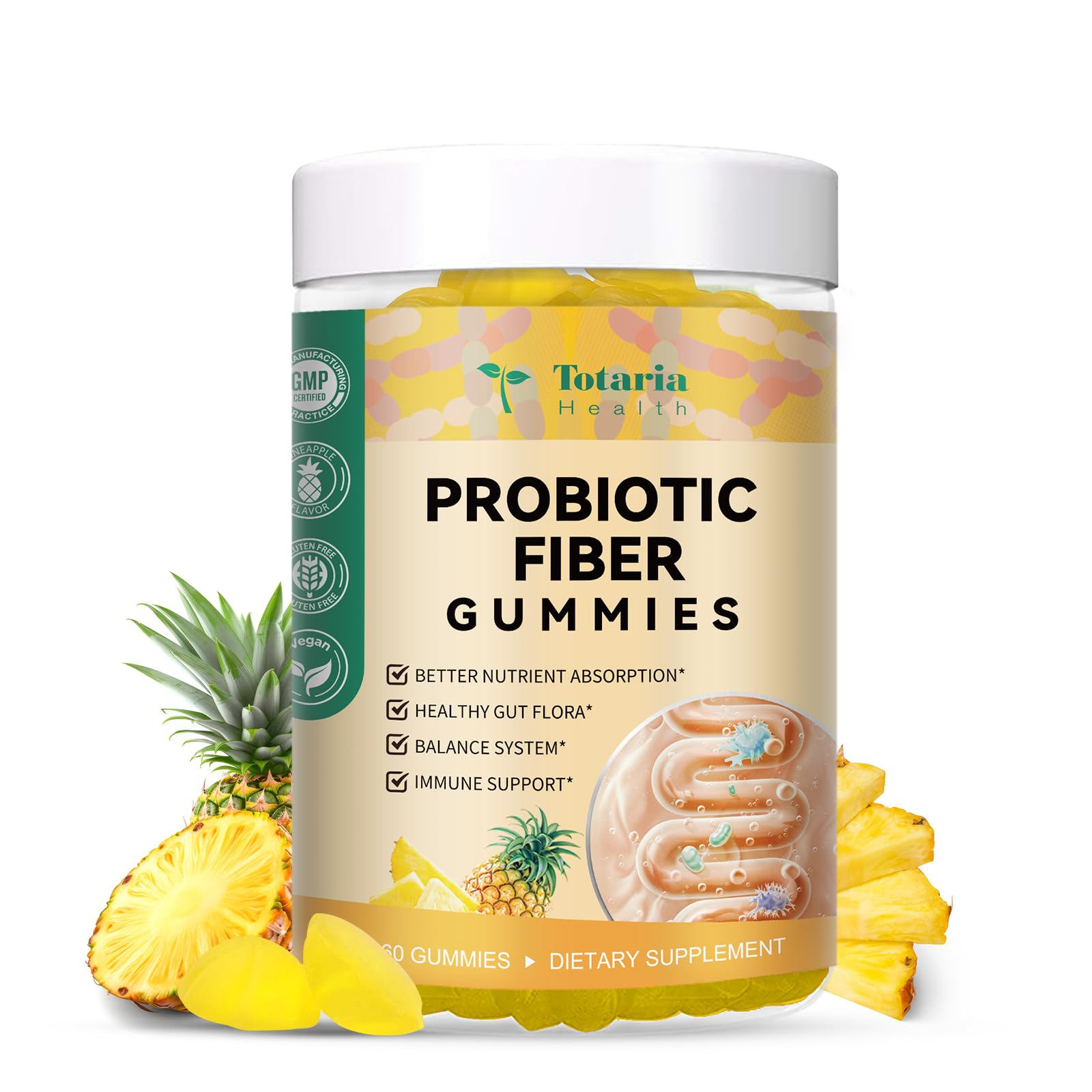 Totaria gommes fibre prébiotiques ananas en bouteille, soutien digestion équilibrée.