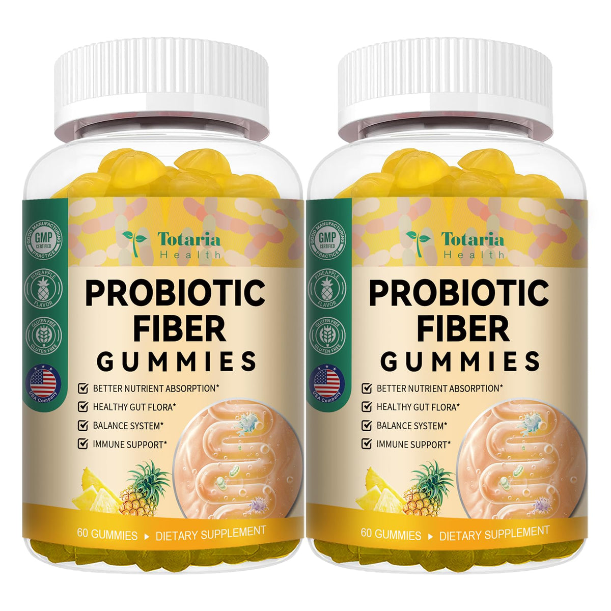 Totaria gommes probiotiques et fibres, bouteille fermée, saveur ananas pratique à emporter