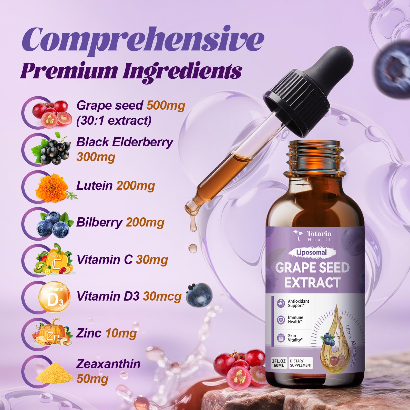 Totaria Gouttes extrait raisin – pipette facilitant l’application sublinguale.