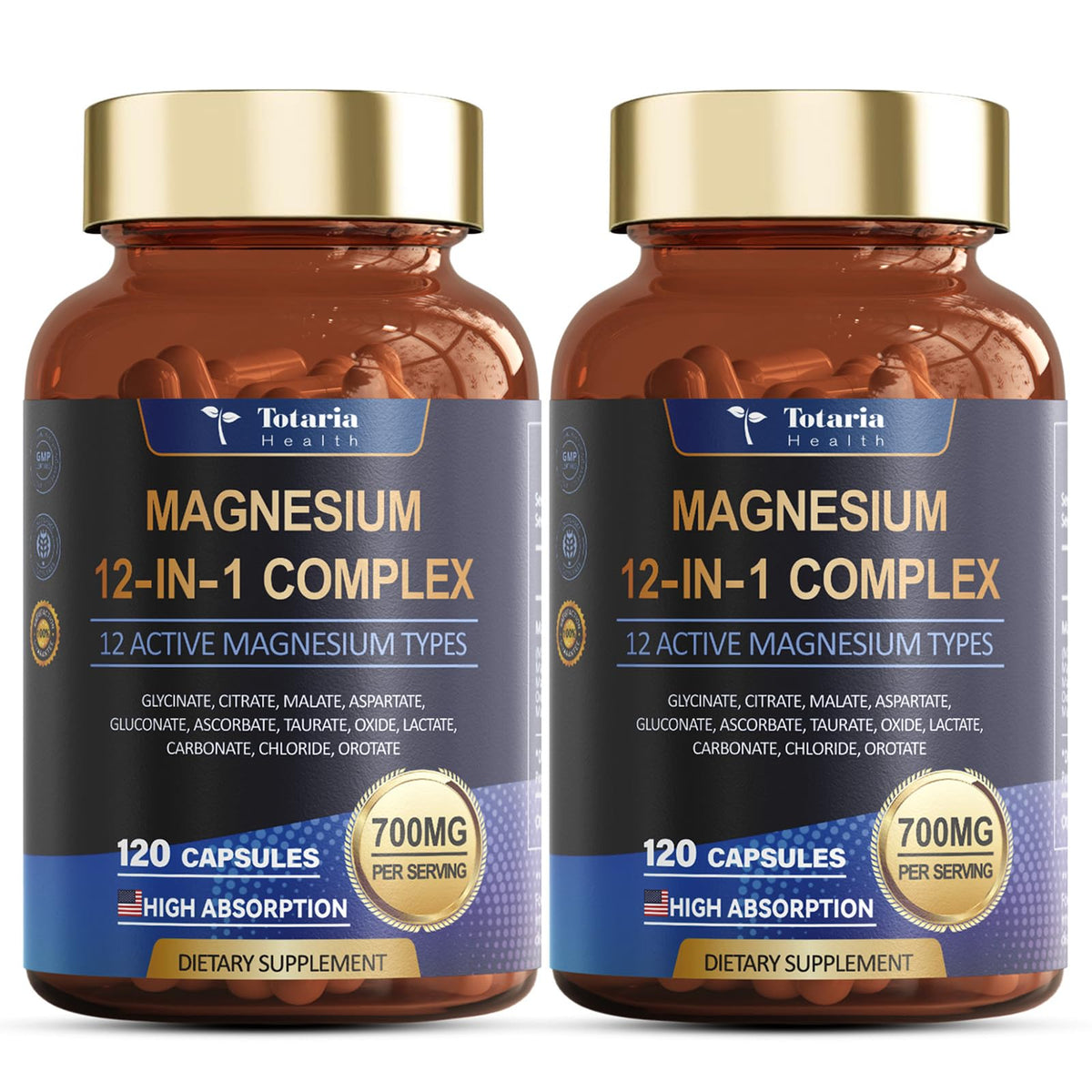 Totaria Magnesium Complex: flacon de 120 capsules, soutien quotidien des muscles et des os.