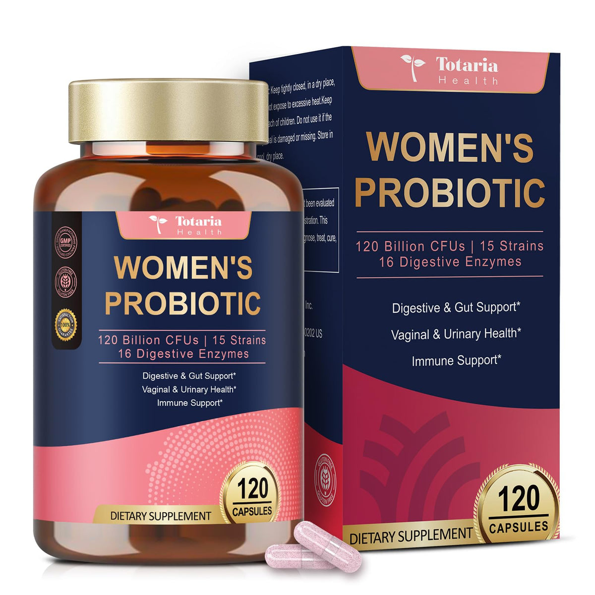 Totaria Probiotiques pour Femmes — bouteille et capsules, soutien équilibre intestinal.