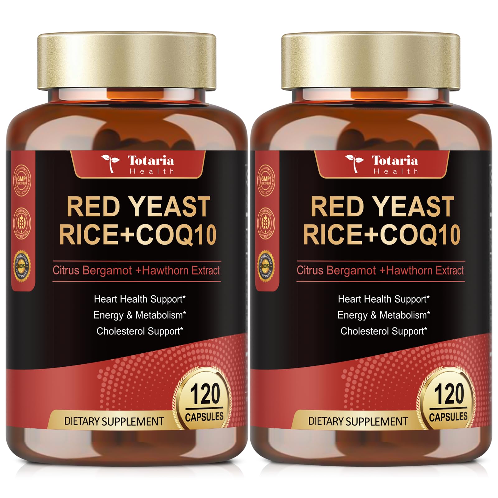 Totaria riz levure rouge coQ10 en bouteille montrant l'emballage et la capsule.