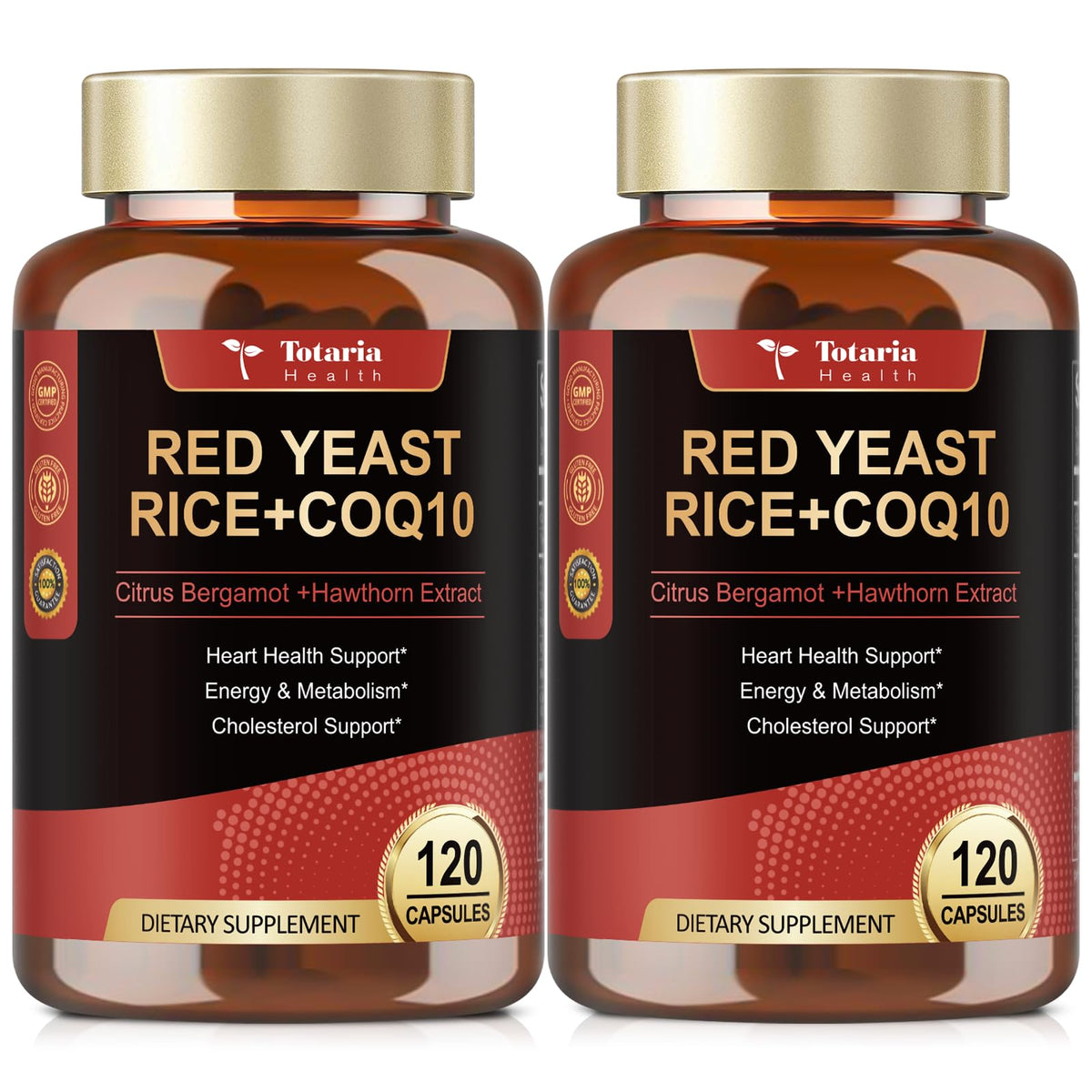 Totaria riz levure rouge coQ10 en bouteille montrant l'emballage et la capsule.