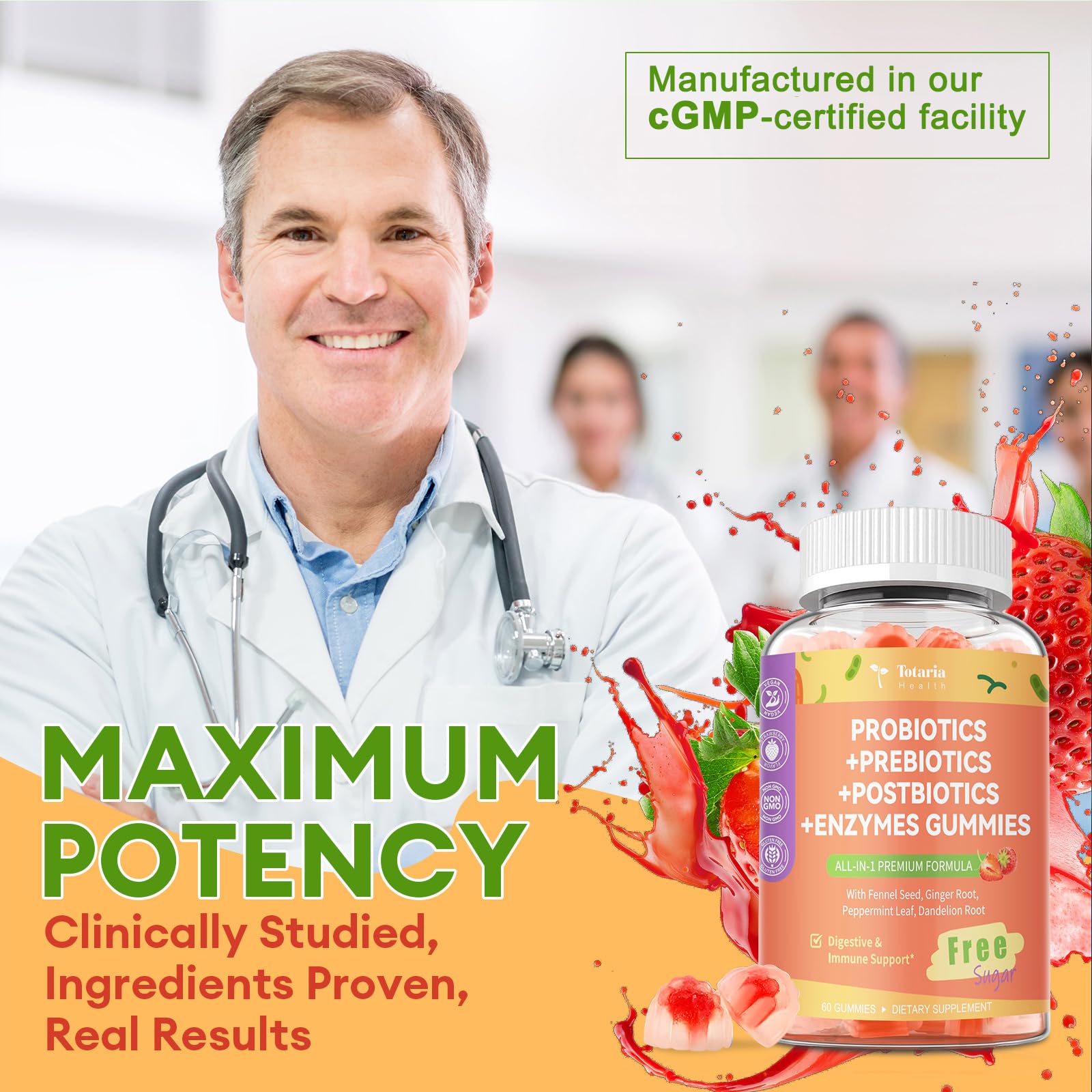 Totaria Gommes 5-en-1 saveur fraise naturelle pour une prise agréable.