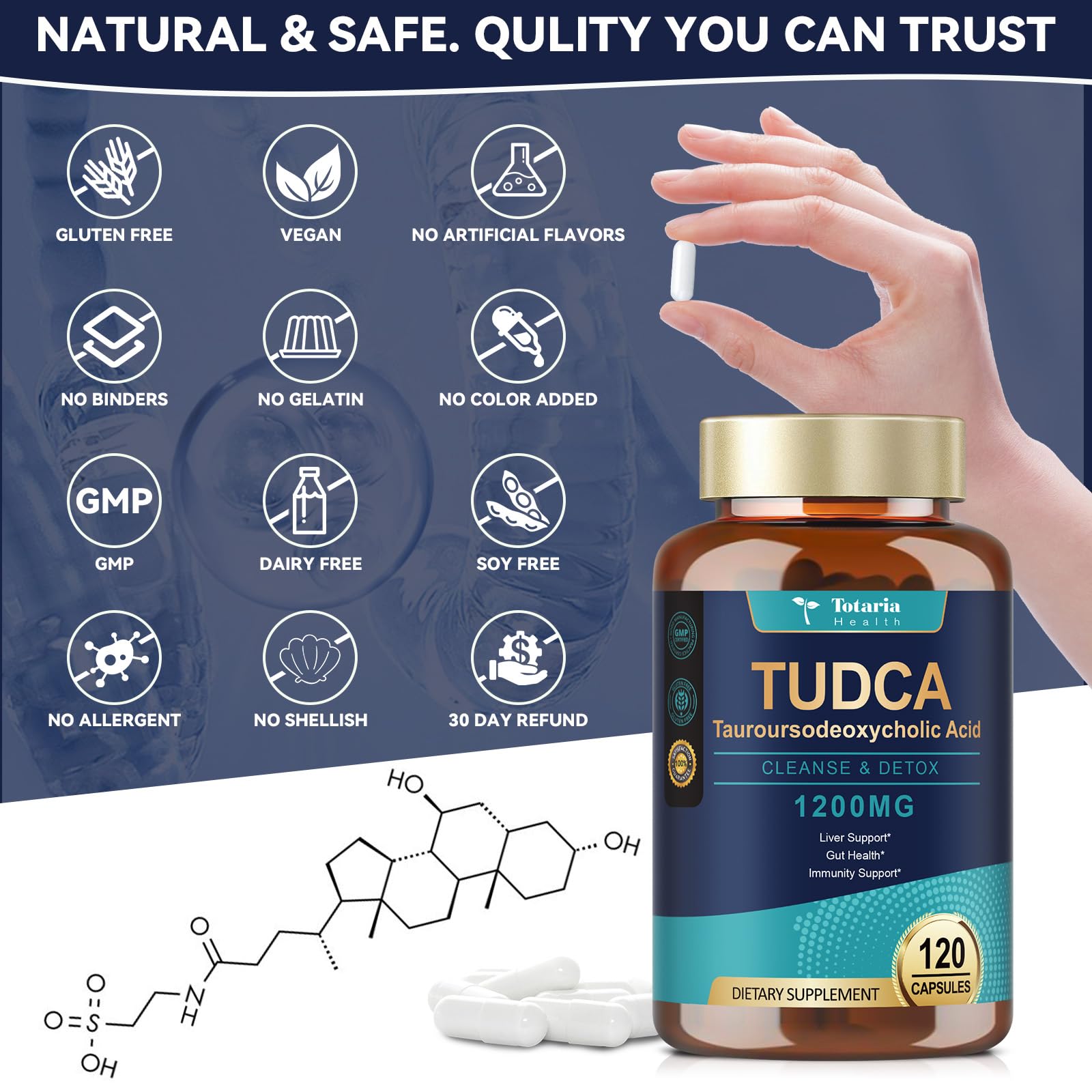 Totaria Tudca pureté sans OGMs et gluten — qualité garantie.