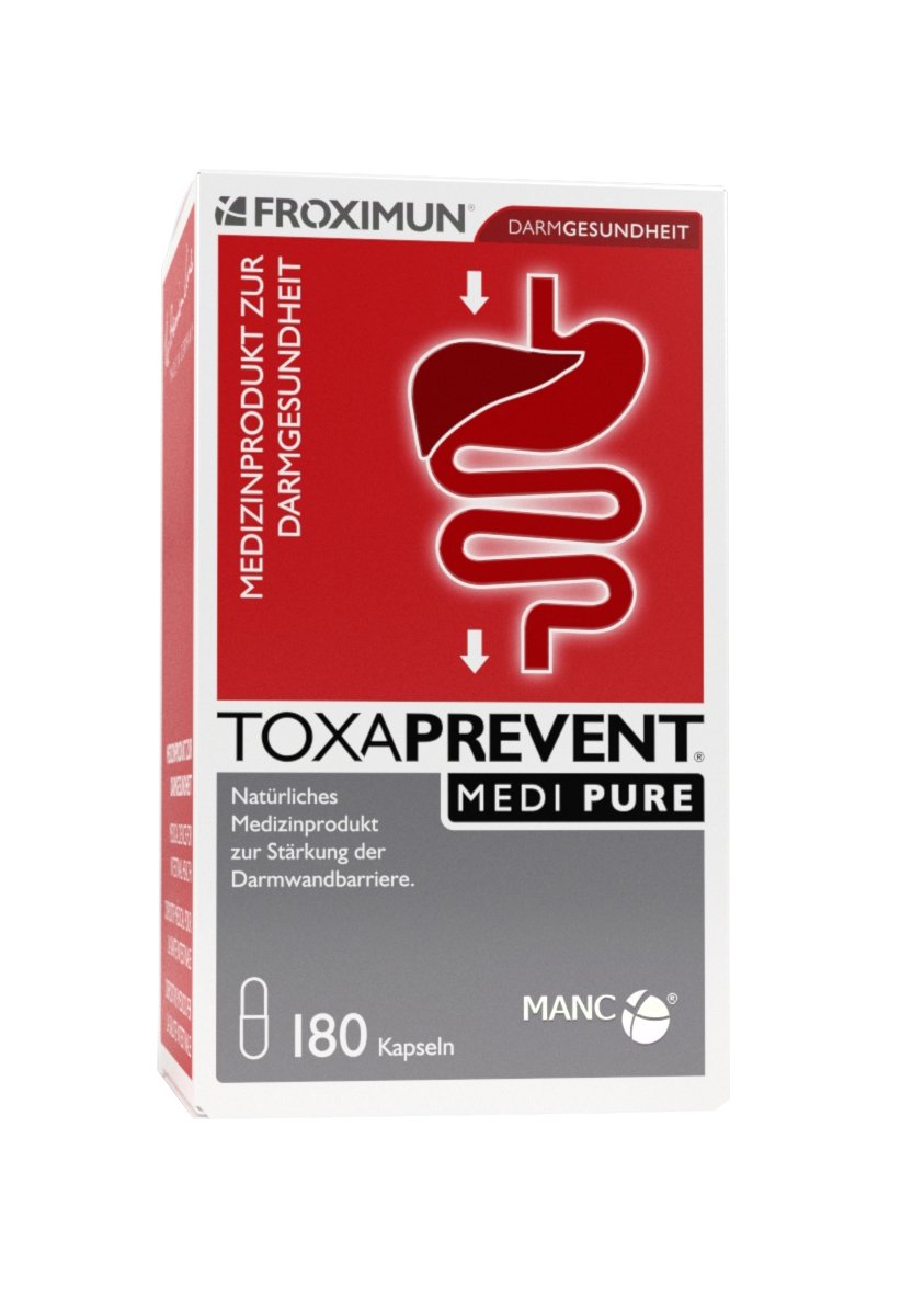 Toxaprevent MEDI PURE capsules et emballage, soutien intestinal potentiel.