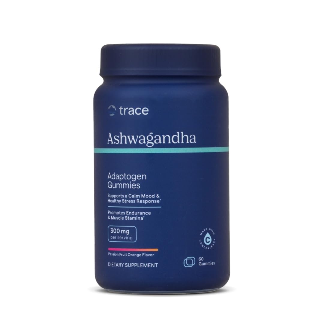Trace Minerals Ashwagandha : bouteille montrant les gommes relaxantes et équilibrantes