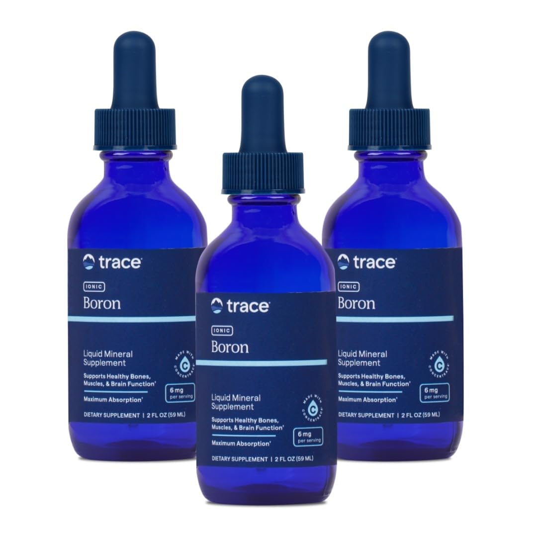 Trace Minerals Ionic Boron, bouteille montrant la formule ionique et son potentiel pour le bien-être général.
