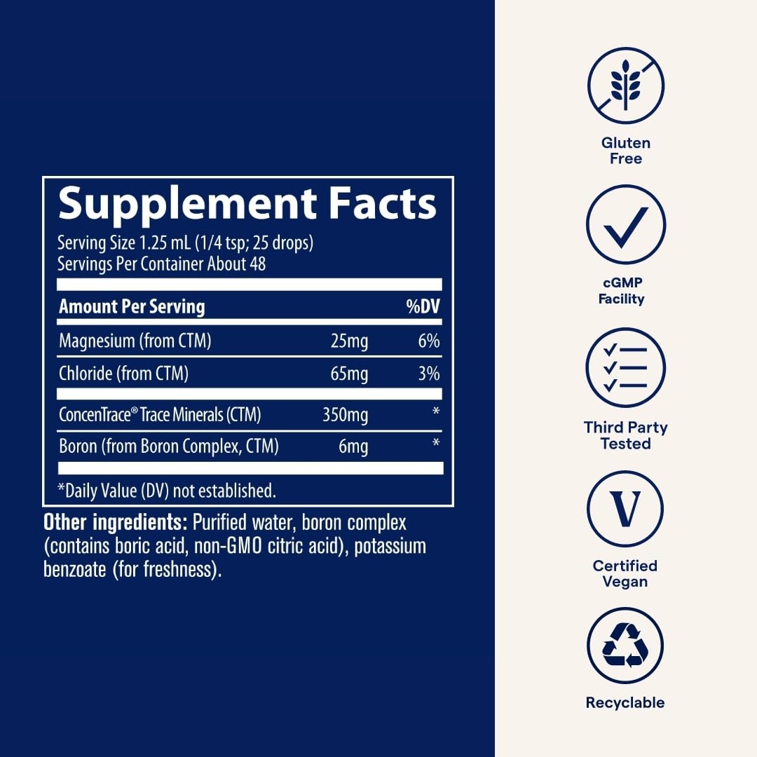 Trace Minerals Bore Ionique: formule vegan et sans gluten adaptée au régime.