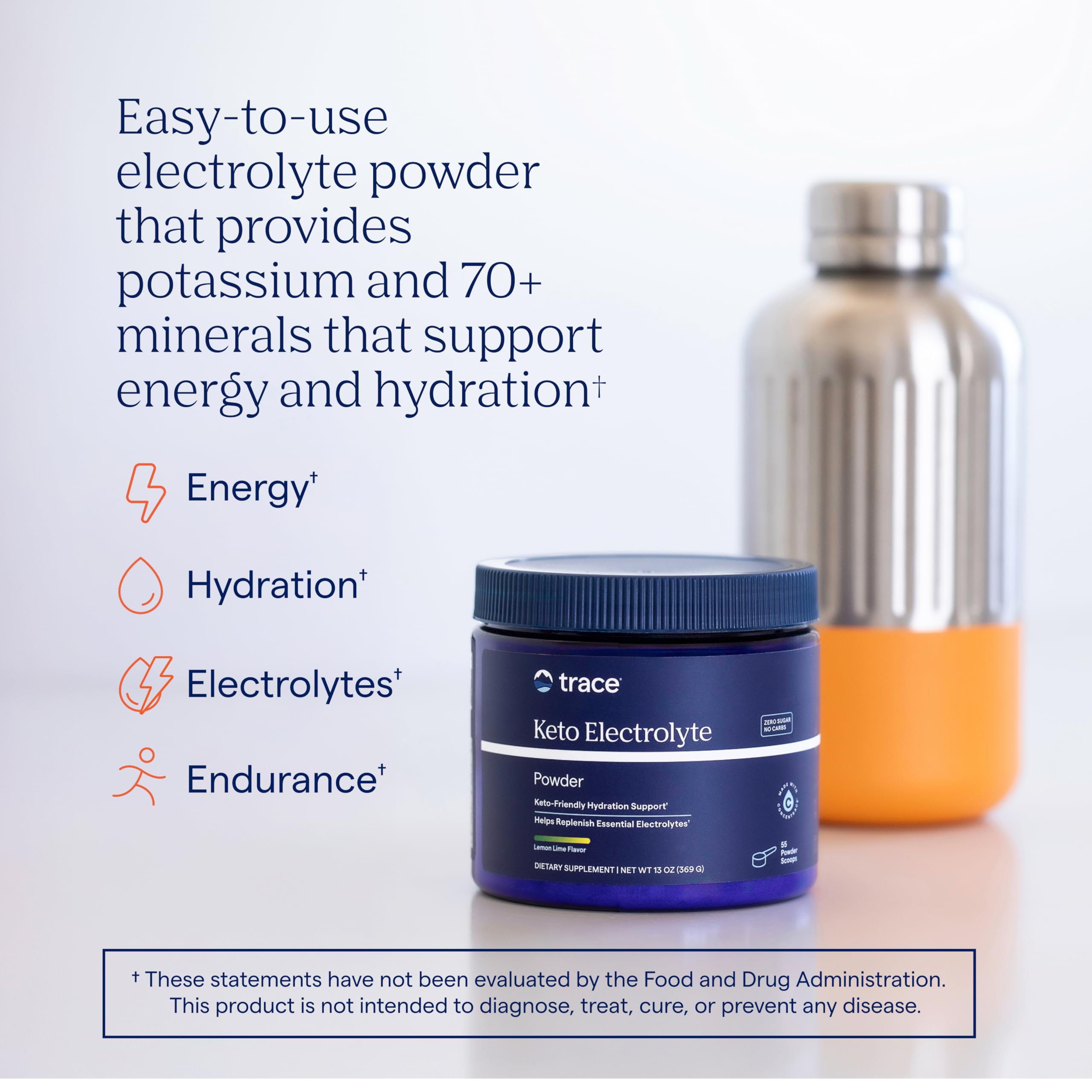 Boisson orange Trace Minerals Céto, sans sucre et rafraîchissante.