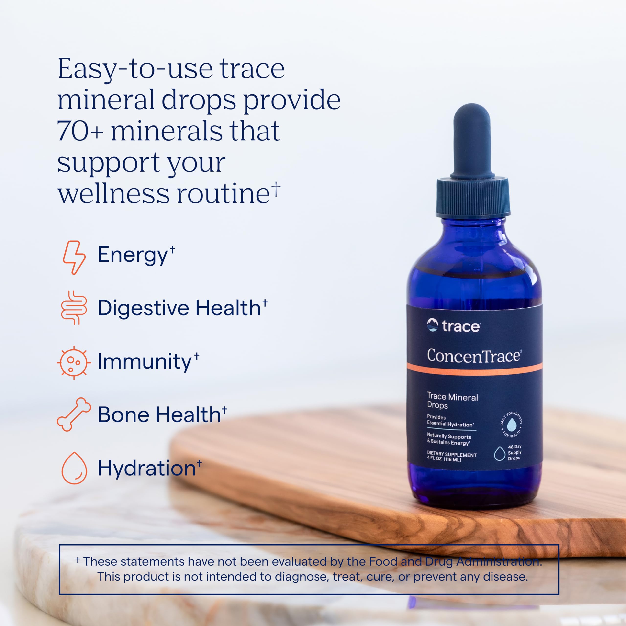 Trace Minerals ConcenTrace flacon et verre, équilibre digestif potentiel.